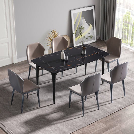 63" Artificial Stone Black Curved Black Metal Leg Dining Table, 6 People - Black