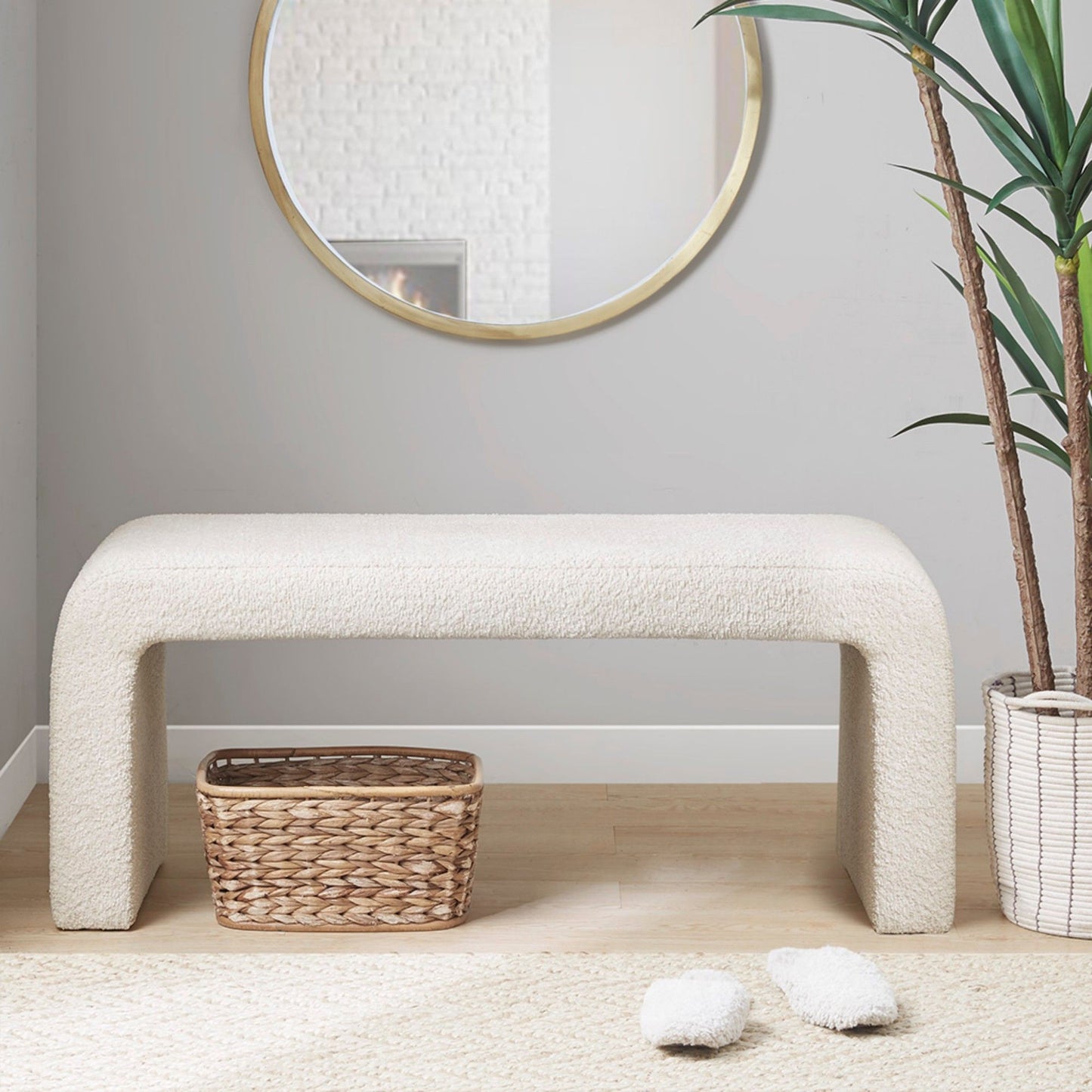 Modern Boucle Waterfall Bench Cream Upholstered Solid Wood Frame