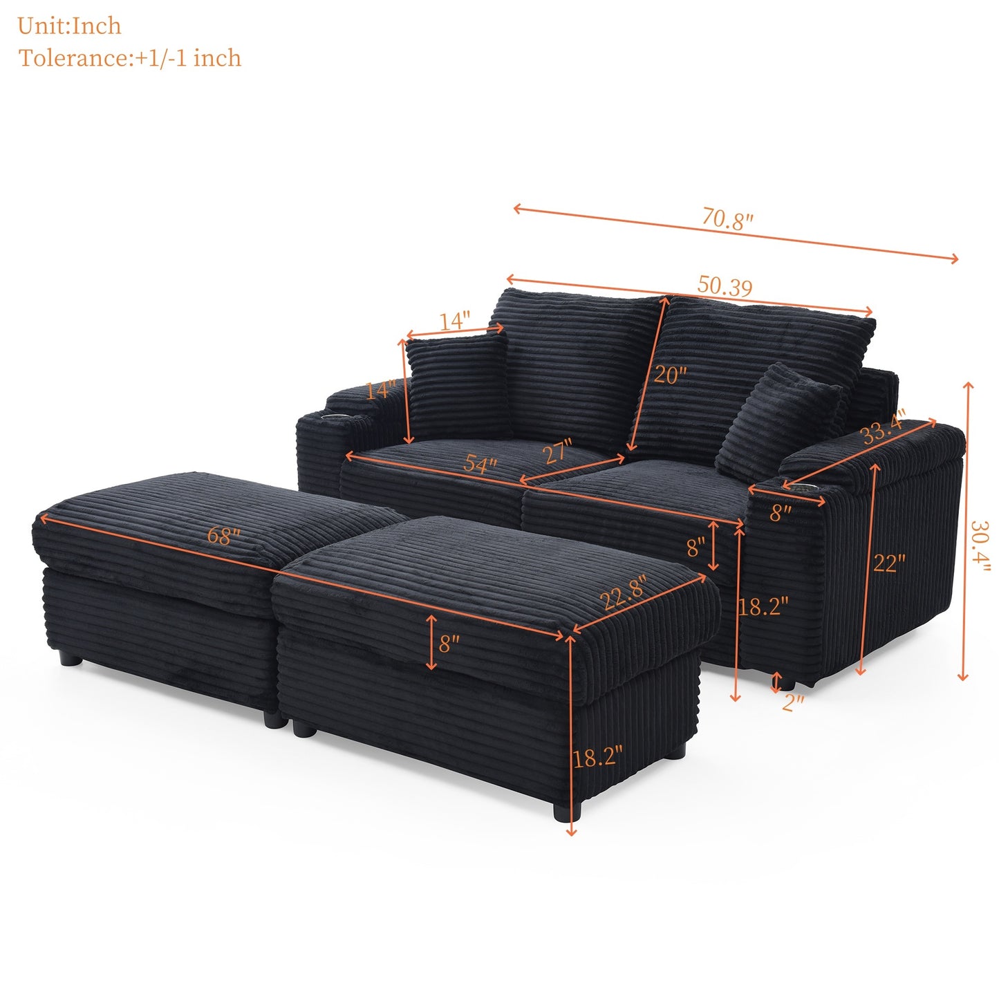 Modular Loveseat with Ottomans - Soft Corduroy Sectional Sofa for Small Spaces