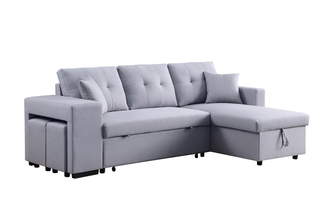 Dennis - Linen Fabric Reversible Sleeper Sectional With Storage Chaise And 2 Stools