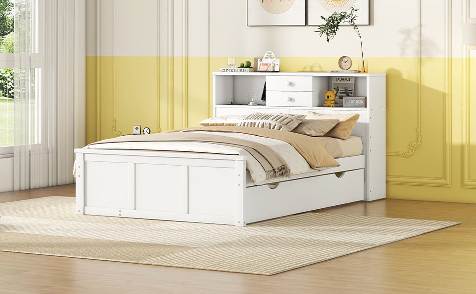 Full Size Wood Pltaform Bed with win Size Trundle, 3 Drawers, Upper Shelves and a set of USB Ports & Sockets, White