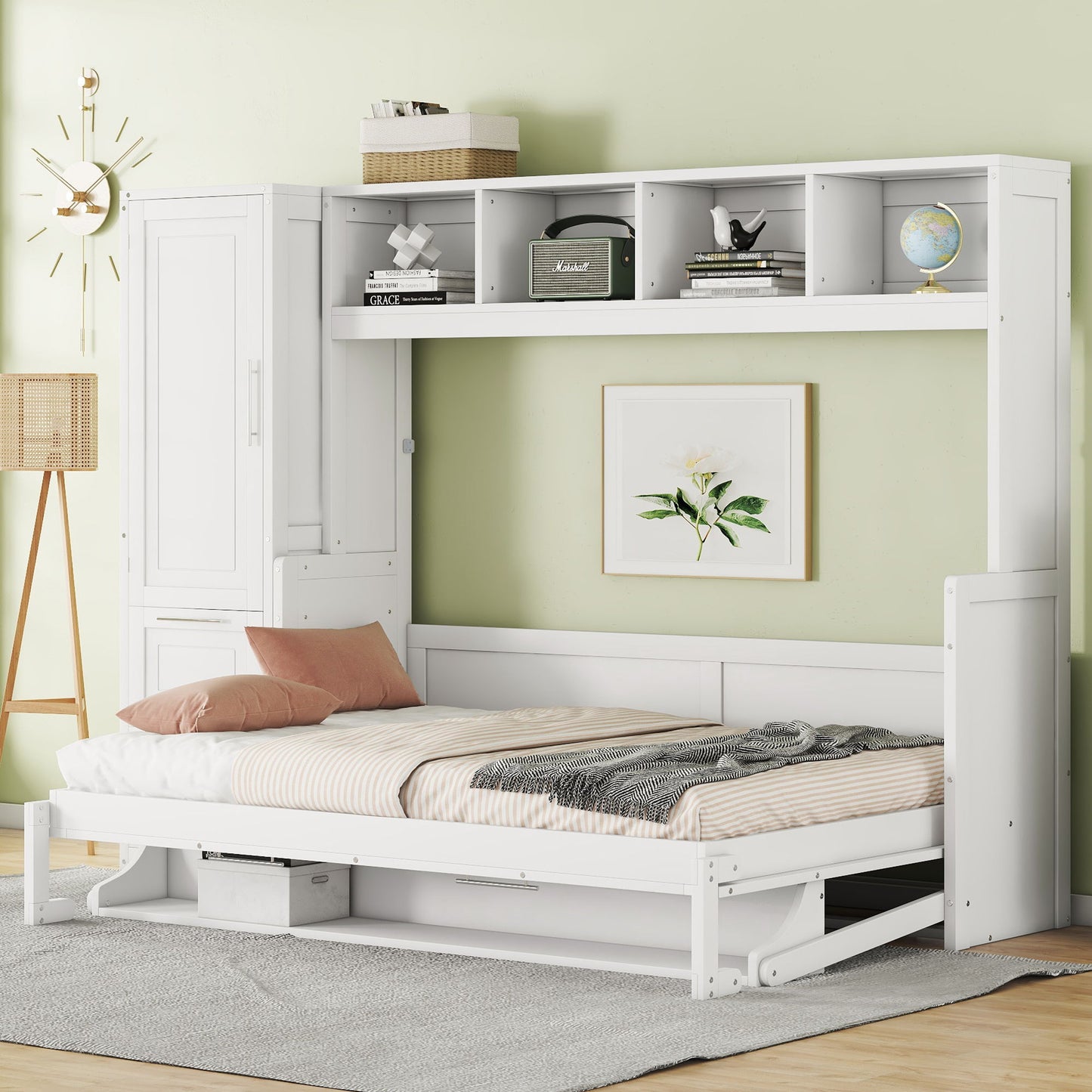 Full Size Murphy Wall Bed With Closet And Drawers - White