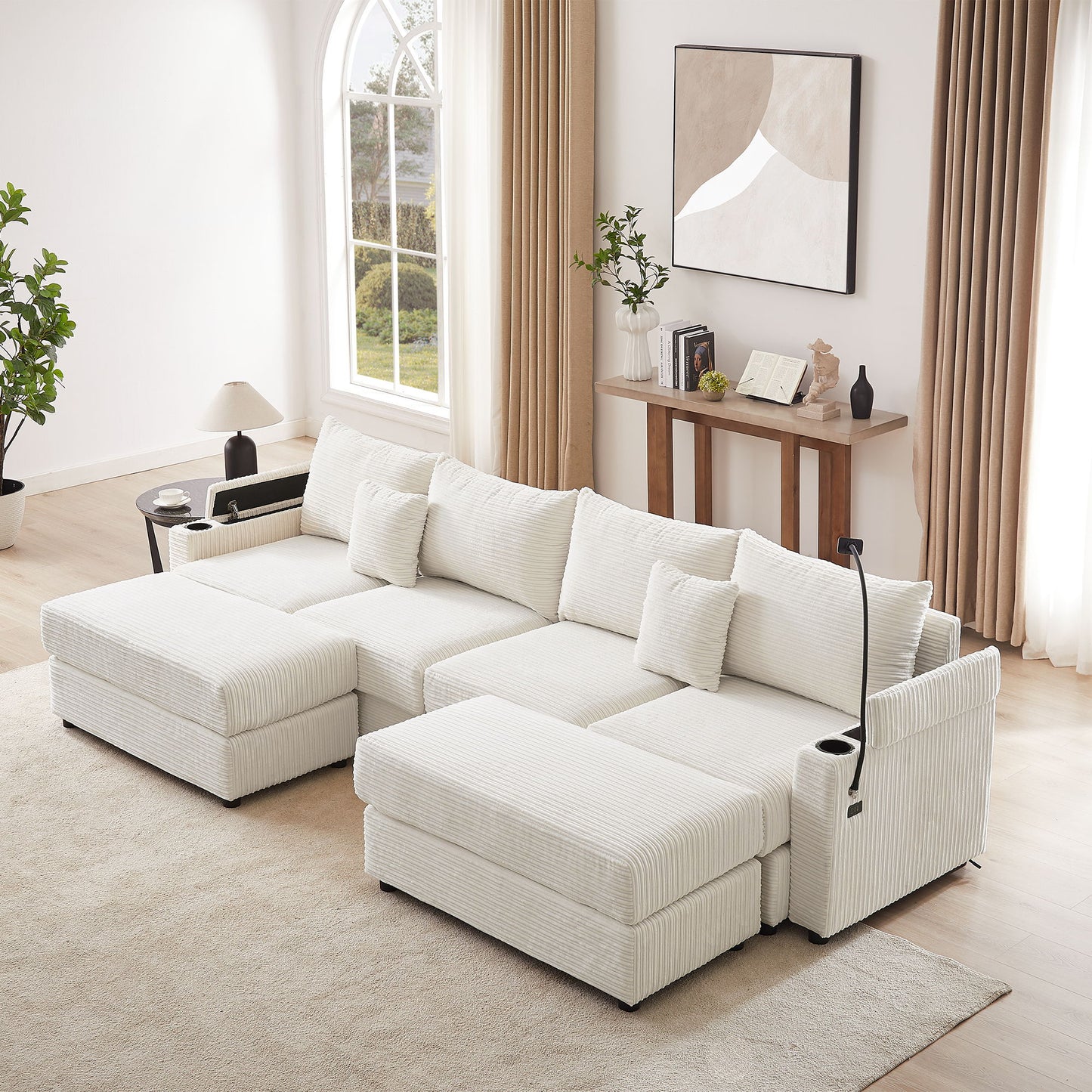 Modern Style Loveseat Sofa Sectional Sofa Couch With Storage Space, A Movable Ottoman, Two USB Ports, Two Cup Holders, A Phone Holder For Living Room