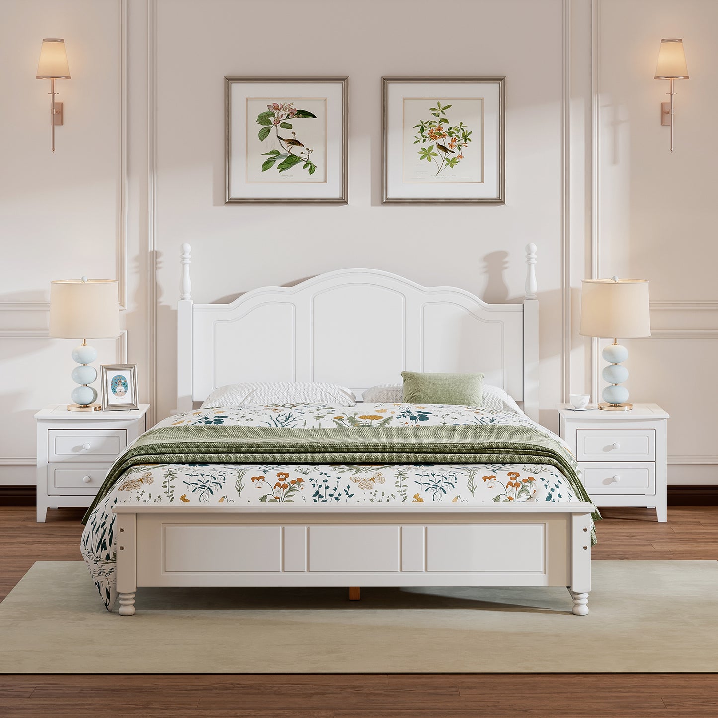 3-Pieces Bedroom Sets,Queen Size Wood Platform Bed  and Two Nightstands-White