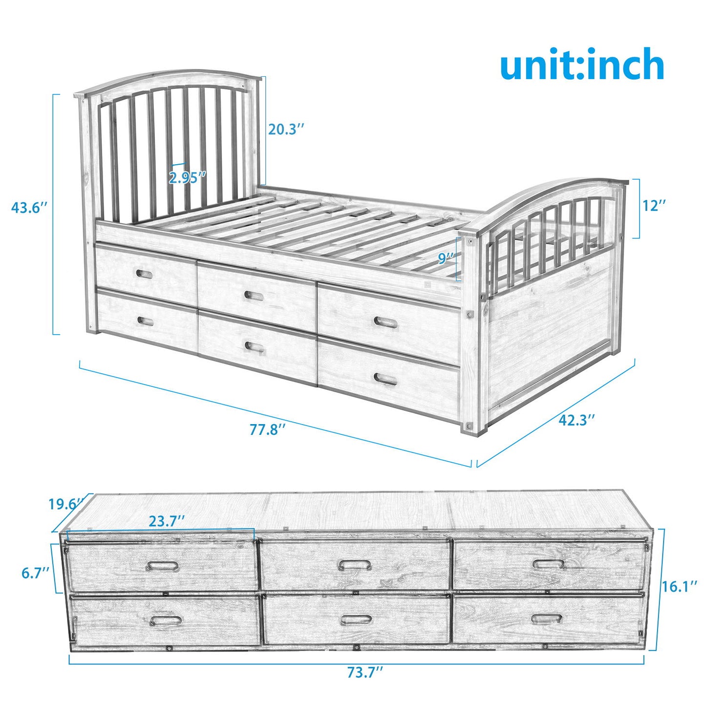 Platform Storage Bed Solid Wood Bed With 6 Drawers