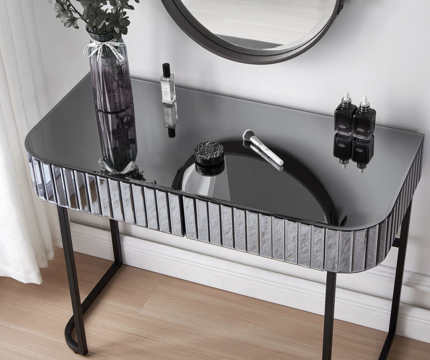 Mirrored Makeup Vanity Table With Stainless Steel Base, Mirrored Console Dressing Table With 2 Drawers, Versatile Desk For Bedroom And Office - Gray