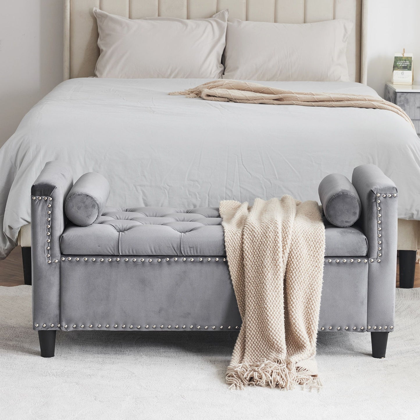 Queen Velvet Button Bedside Storage Bench With Armrests, Nailhead Trim