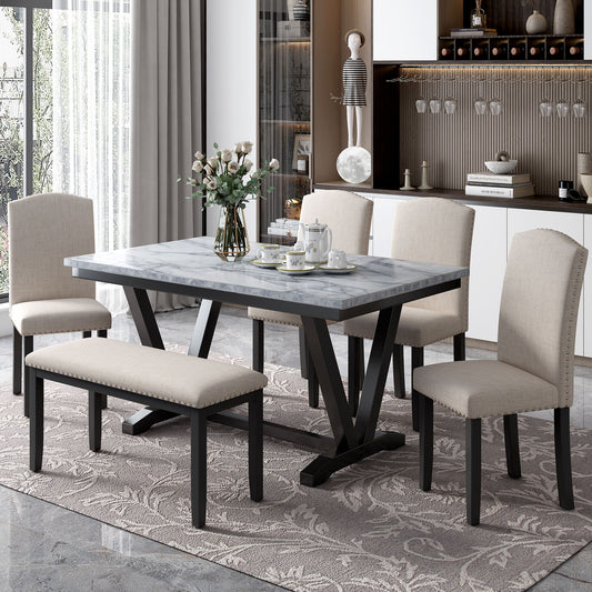 6 Piece Dining Table Modern Style With 4 Chairs & 1 Bench, Table With Marbled Veneers Tabletop And V-Shaped Table Legs - White