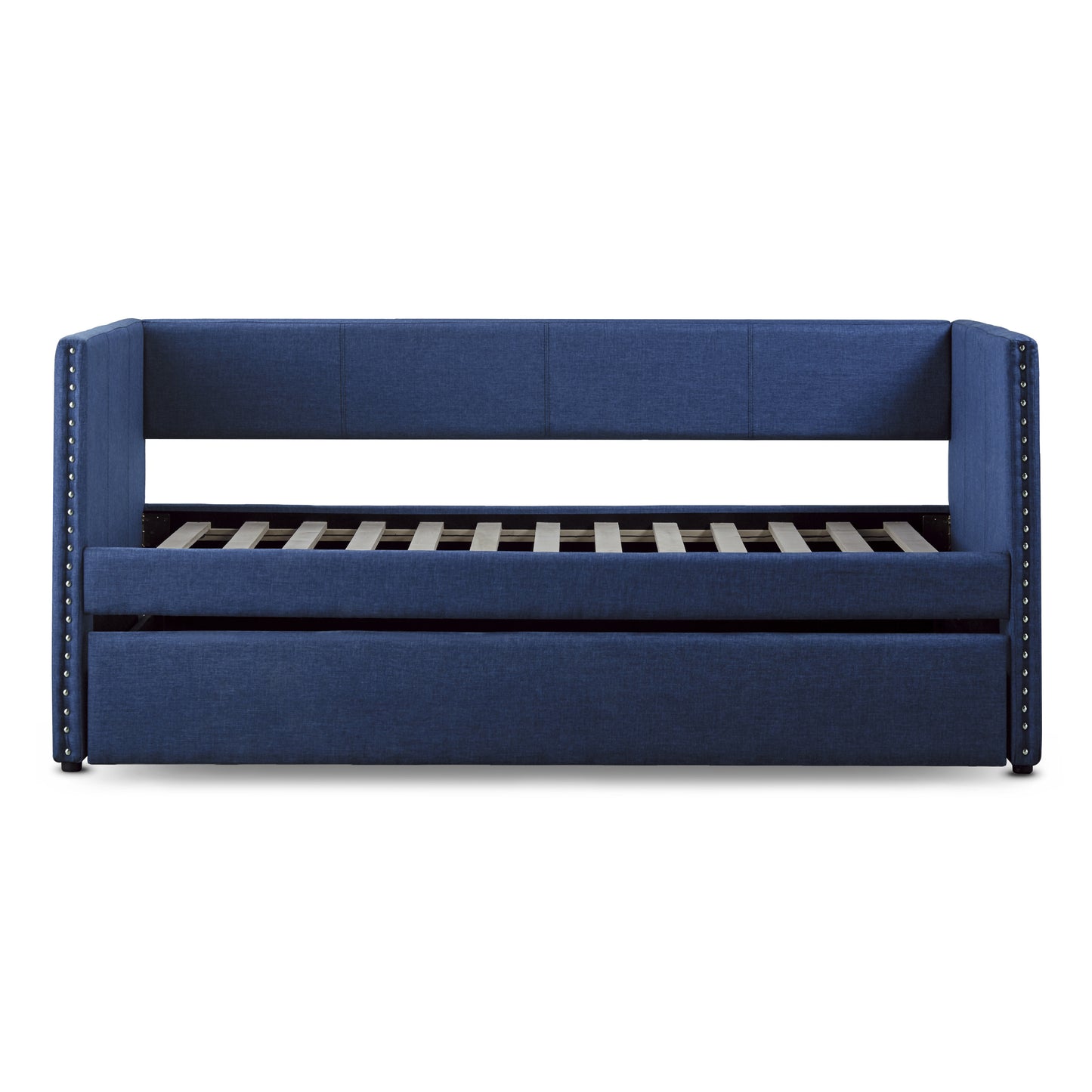 Blue Fabric Upholstered 1pc Day Bed with Pull-out Trundle Nailhead Trim Wood Frame Furniture