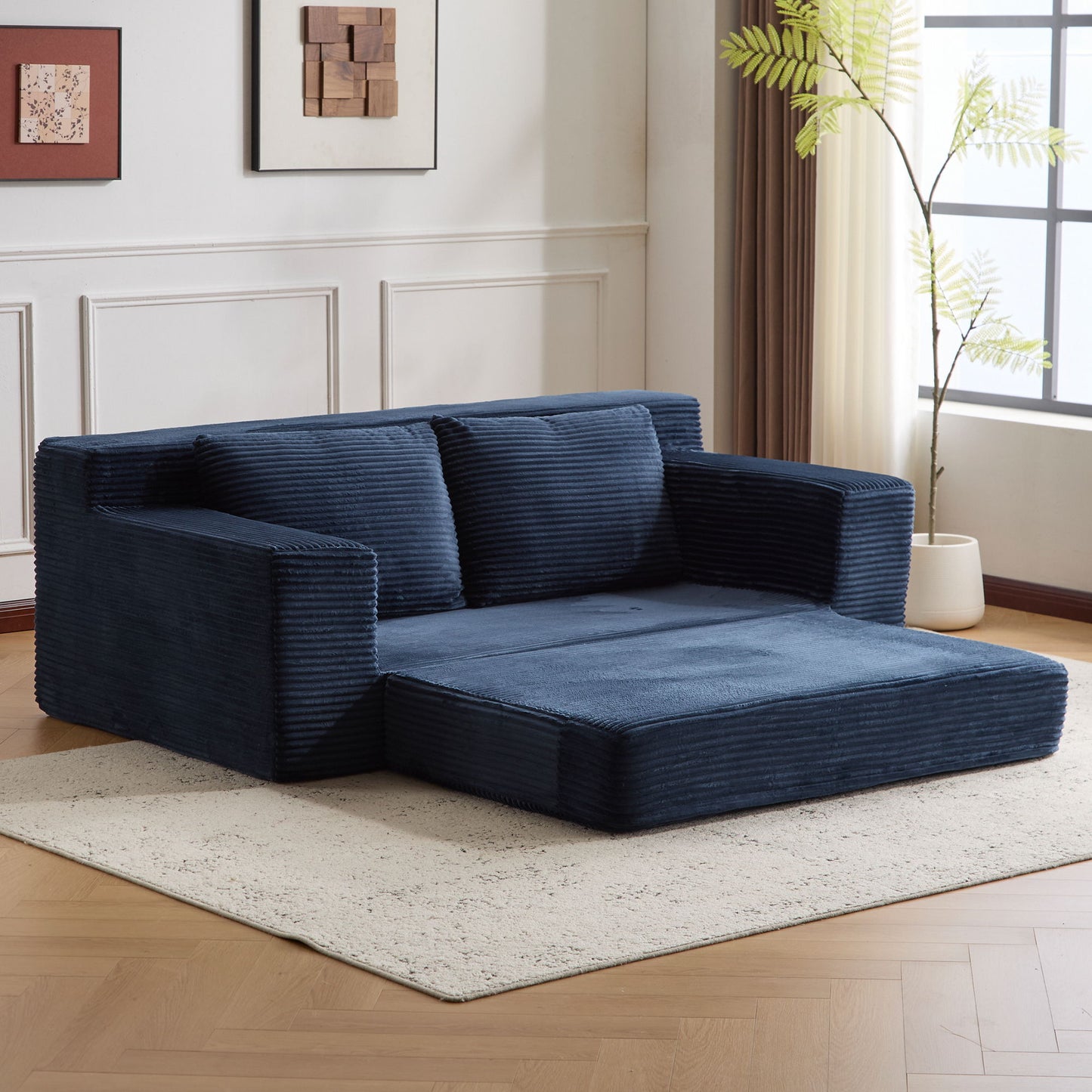 Loveseat Sofa, Comfortable Deep Seat Sofa Bed, Modern Small Corduroy Couch For Living Room Bedroom,Reversible Cushion With Pillows,No Assembly Required, Dark Blue