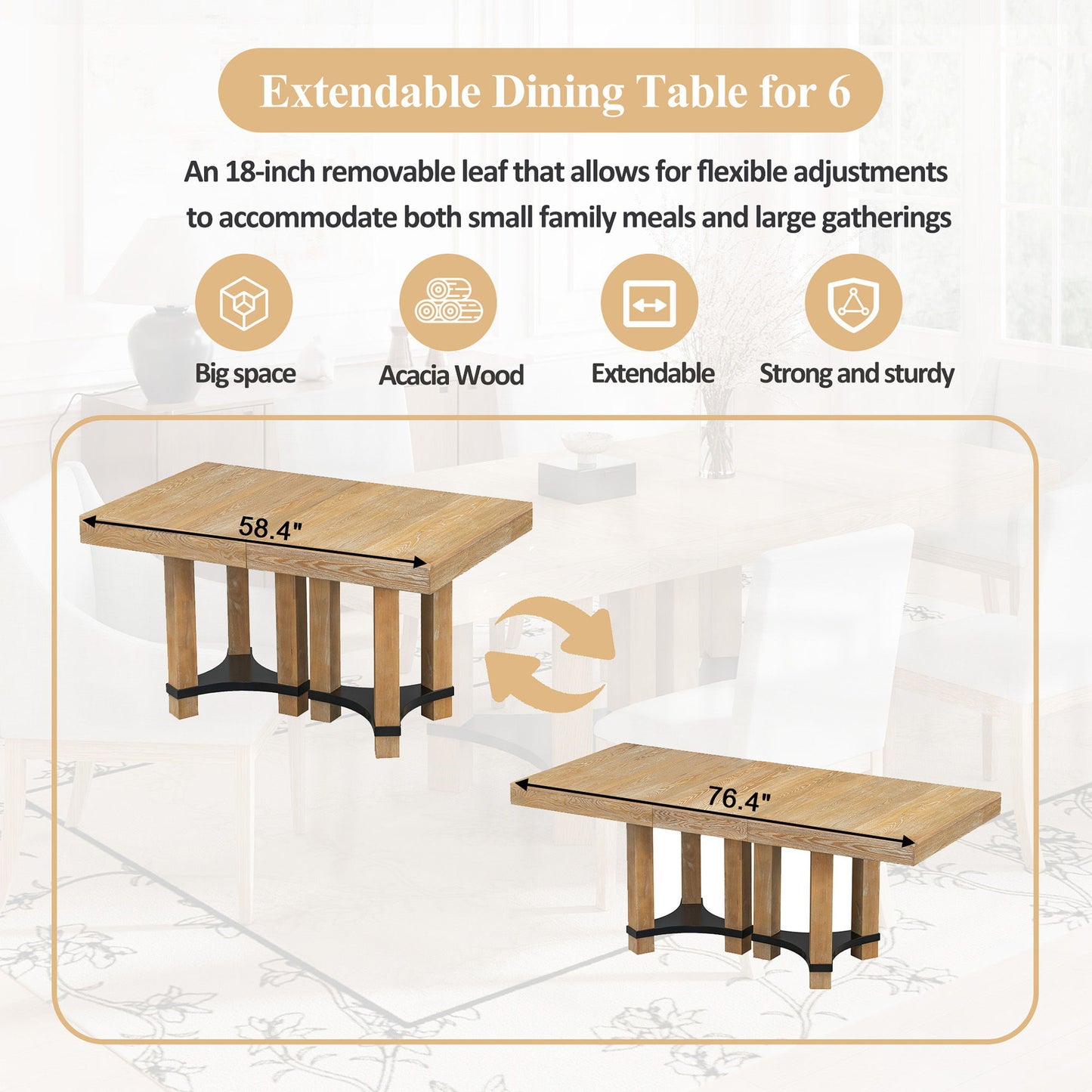 Topmax - 7 Piece Rustic Extendable Dining Table Set With Removable Leaf, 2 Arm Chairs And 4 Armless Chairs