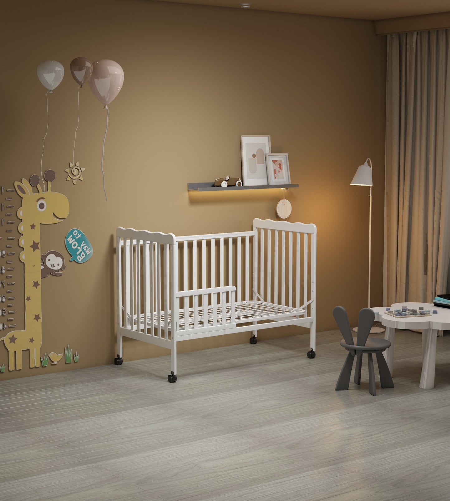 Crib 3 In 1 Convertible, Made Of Sustainable Pinewood, Non Toxic Finish, Comes With Locking Wheels, Wooden Nursery Furniture