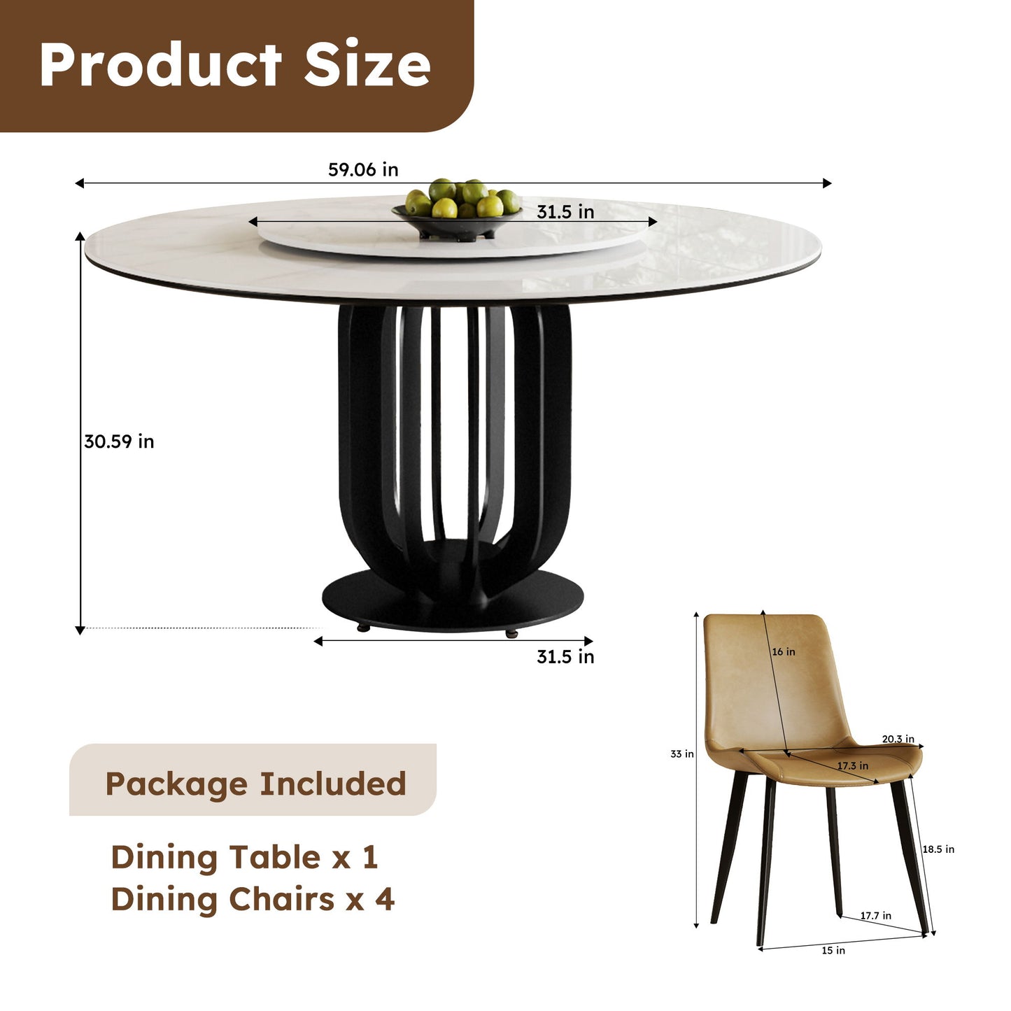 Round Dining Table With Carbon Steel Base And Lazy Susan / For Kitchen And Dining Room, 4 Chairs - Black / White