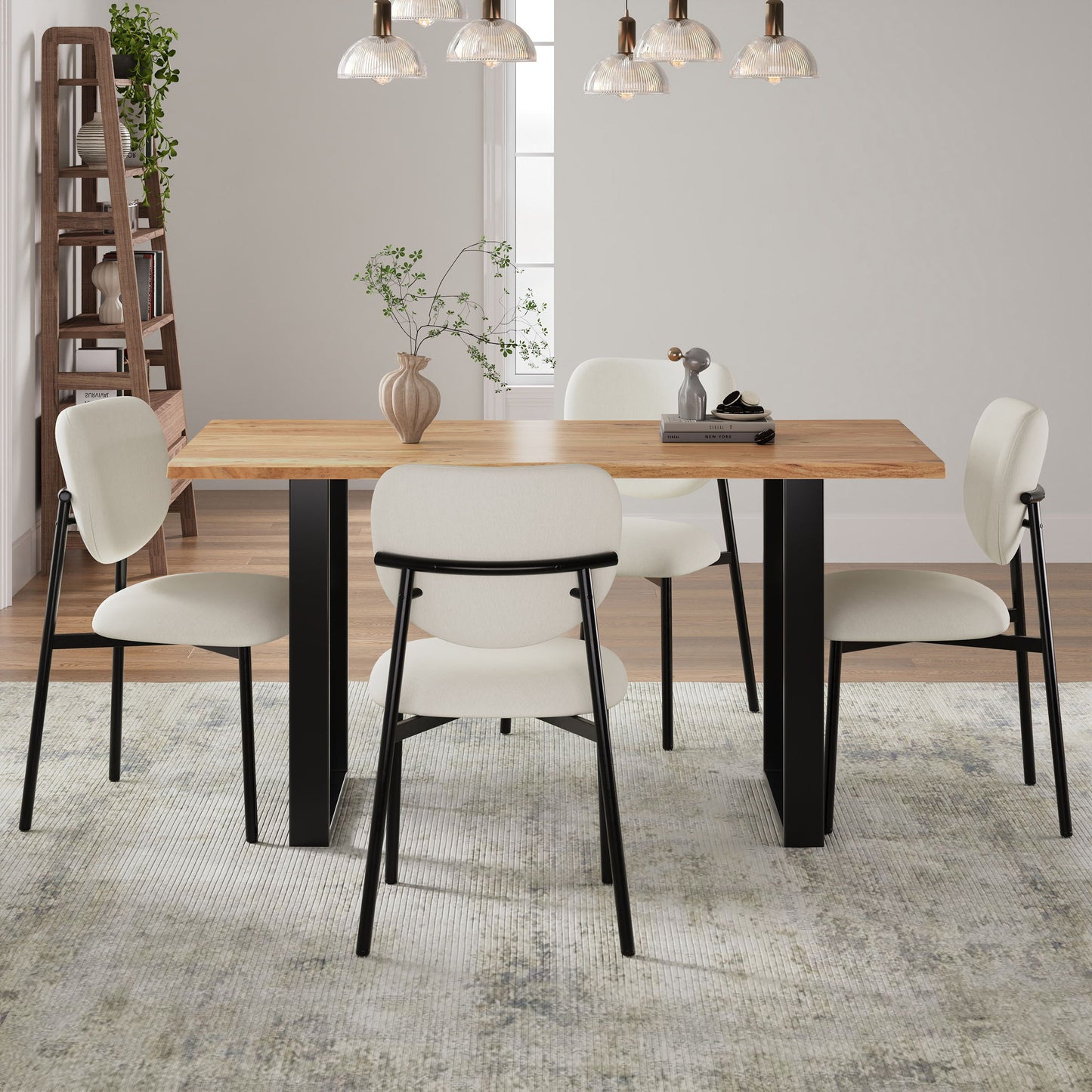 Mid Century 5 Piece Dining Set With Upholstered Dining Chairs And Metal Legs, Solid Wood Top Metal Base Dining Table - Beige / Black
