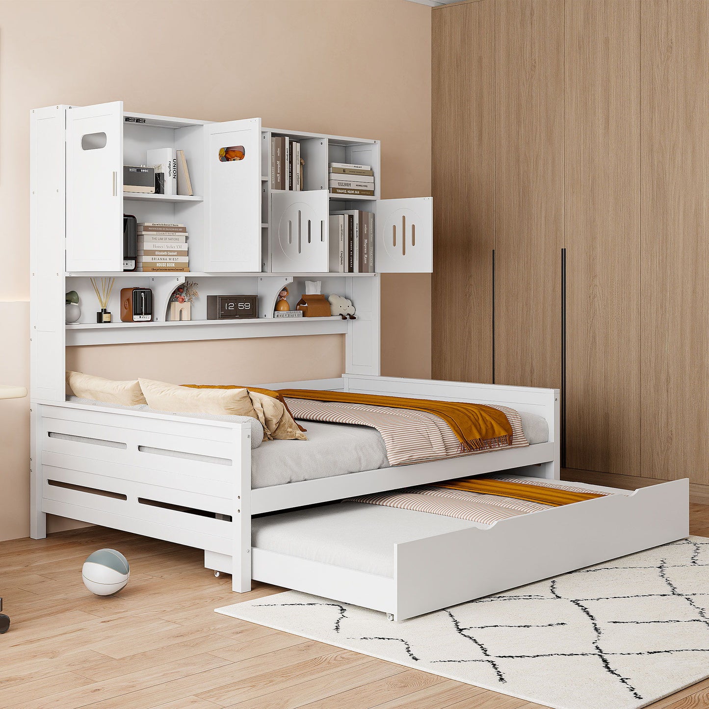 Daybed With All-In-One Cabinet And Shelf