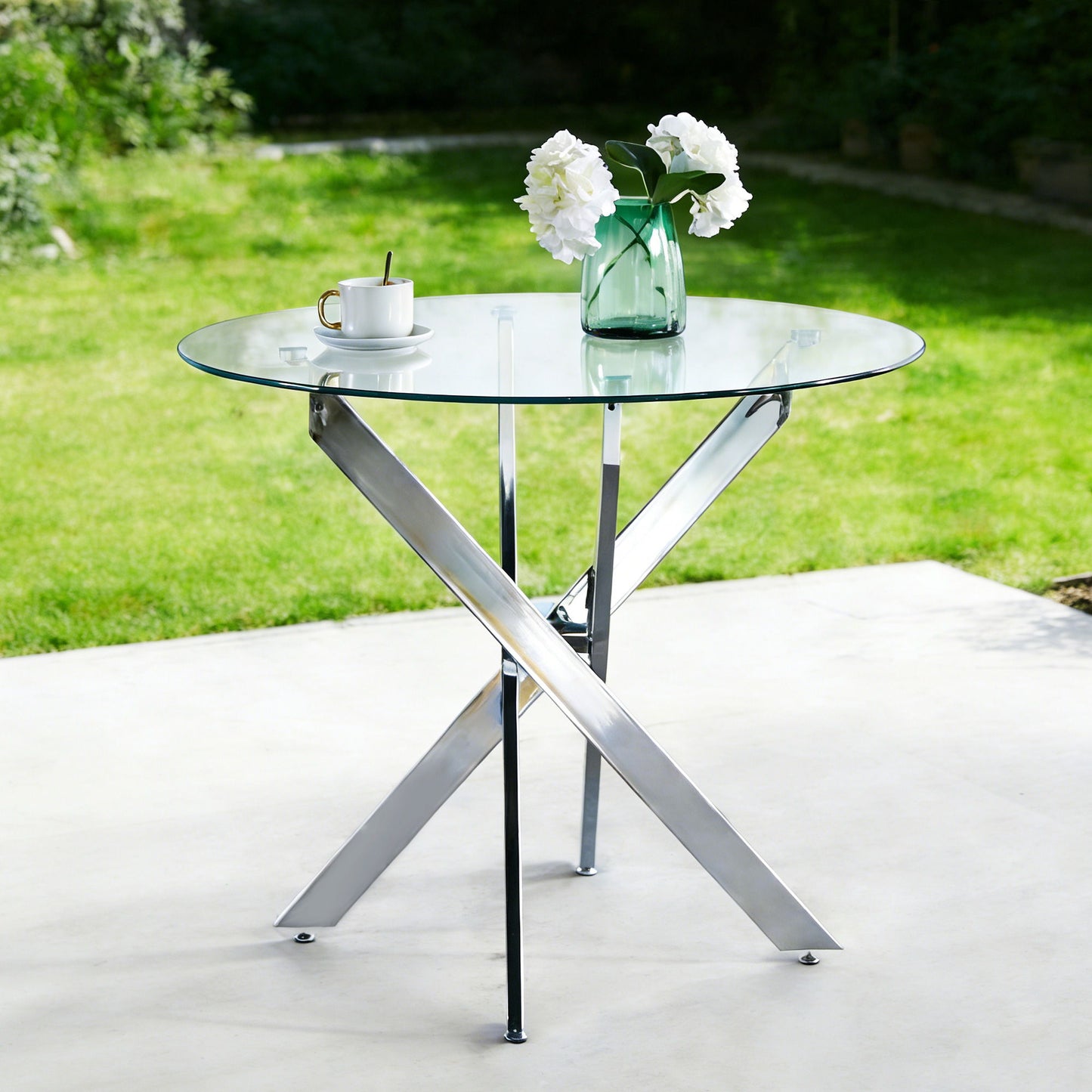 Dining Table With Cross Metal Leg And Tempered Glass, Modern Space Saving Kitchen Table For Living Room
