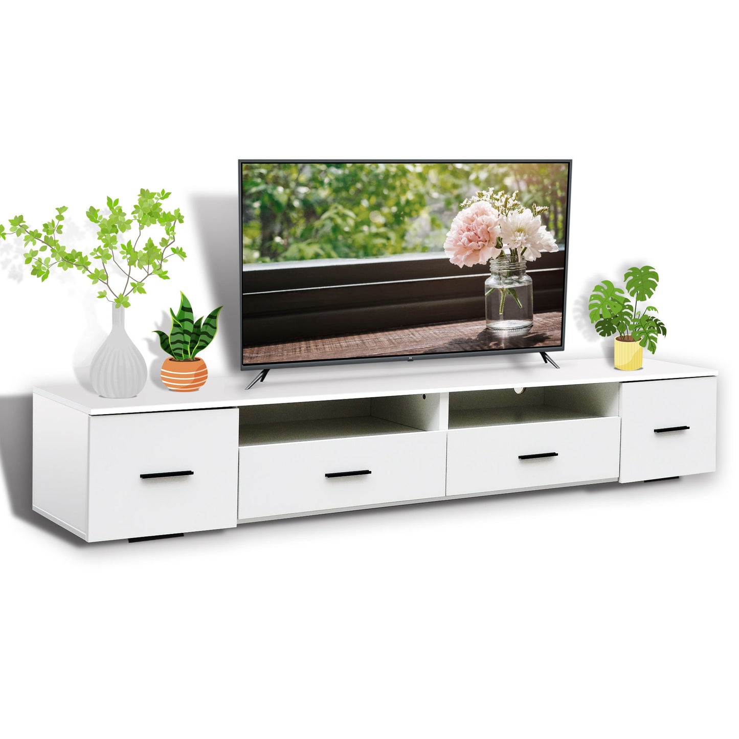 TV Stand For Living Room, Modern Entertainment Center Stand For TV Up To 90", Large LED TV Stand With 4 Storage Drawers, High Glossy Waterproof TV Console, TV Table Media Furniture - White