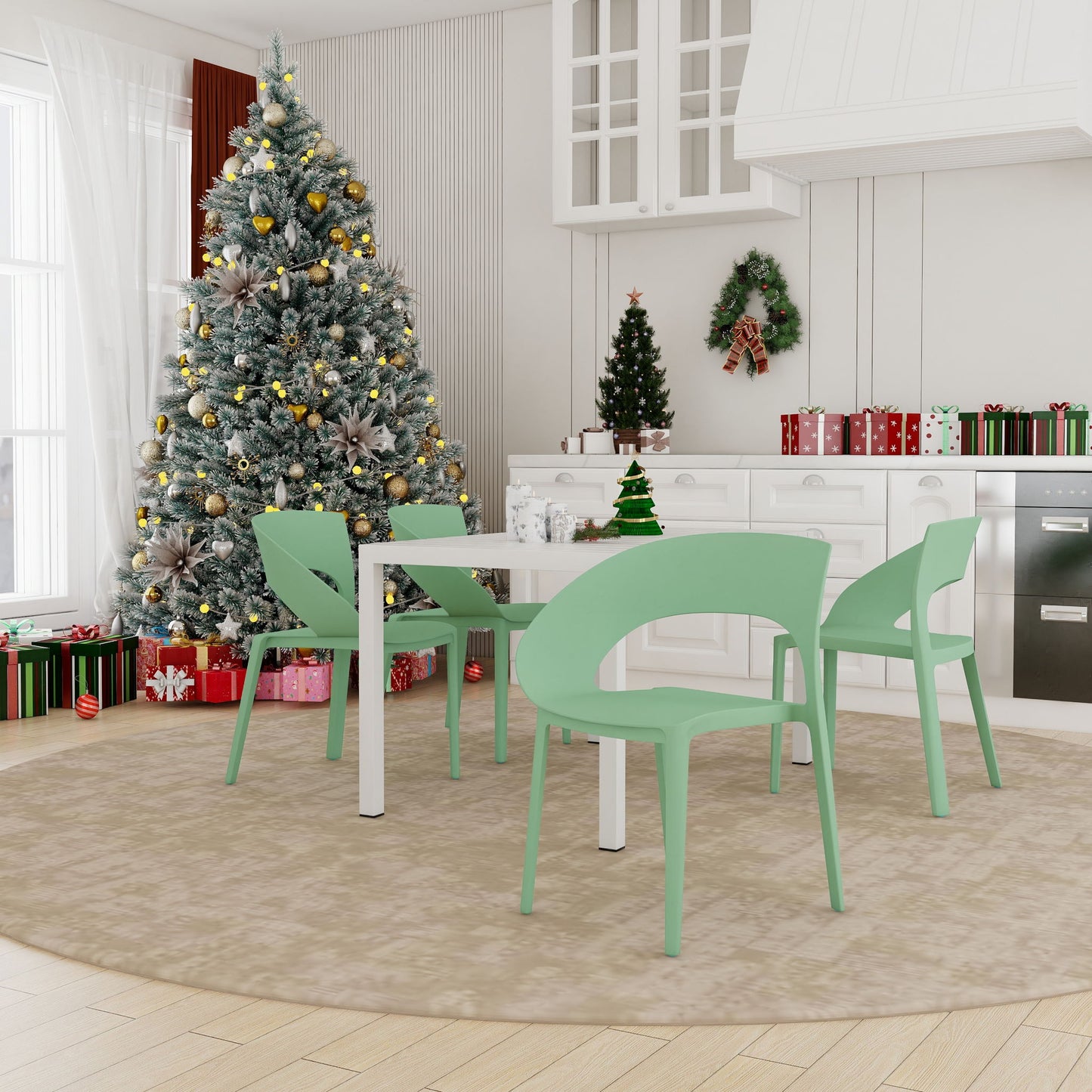 4 Piece Set Of Modern Designed Single Chairs With Long Table