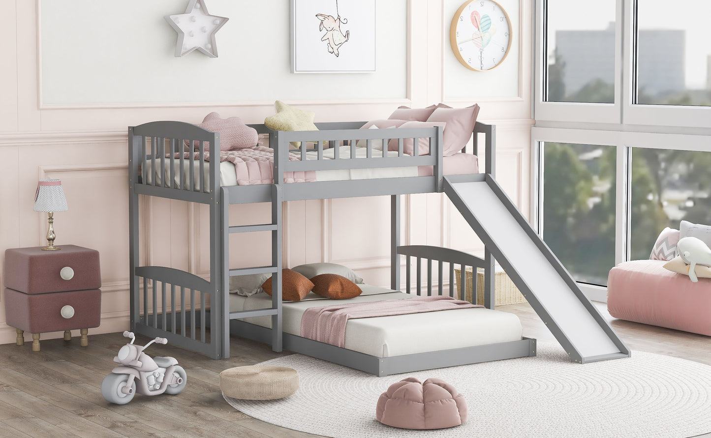 77.4" Twin Over Twin Bunk Bed With Slide And Ladder - Gray