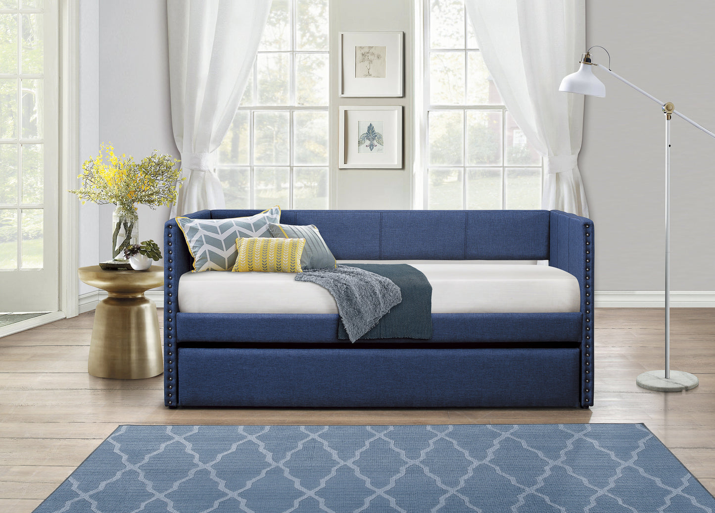 Blue Fabric Upholstered 1pc Day Bed with Pull-out Trundle Nailhead Trim Wood Frame Furniture