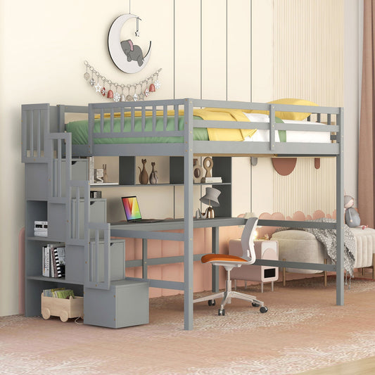 High Loft Bed With Built-In Desk, Ladder Platform, Ladders, Guardrails