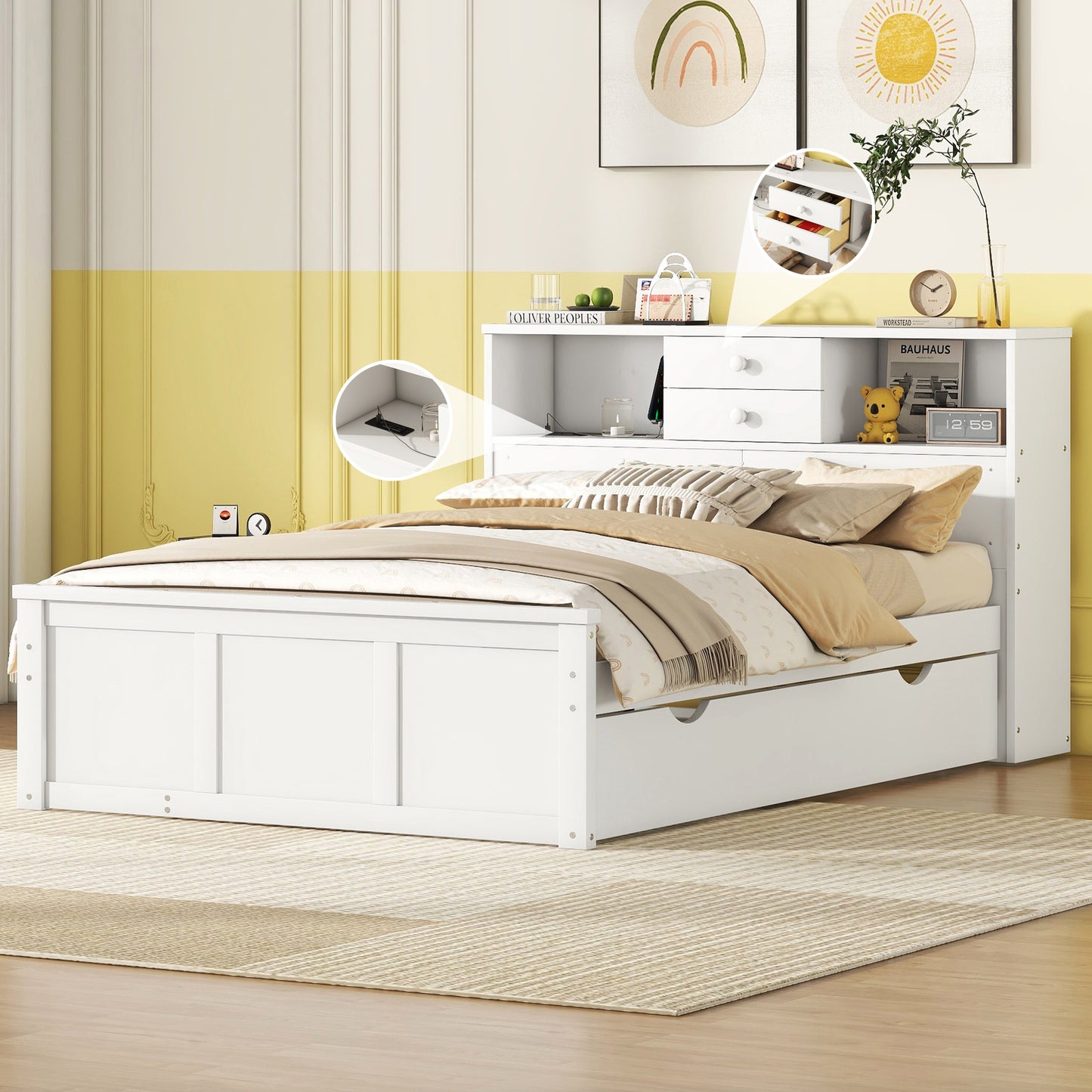 Full Size Wood Pltaform Bed with win Size Trundle, 3 Drawers, Upper Shelves and a set of USB Ports & Sockets, White