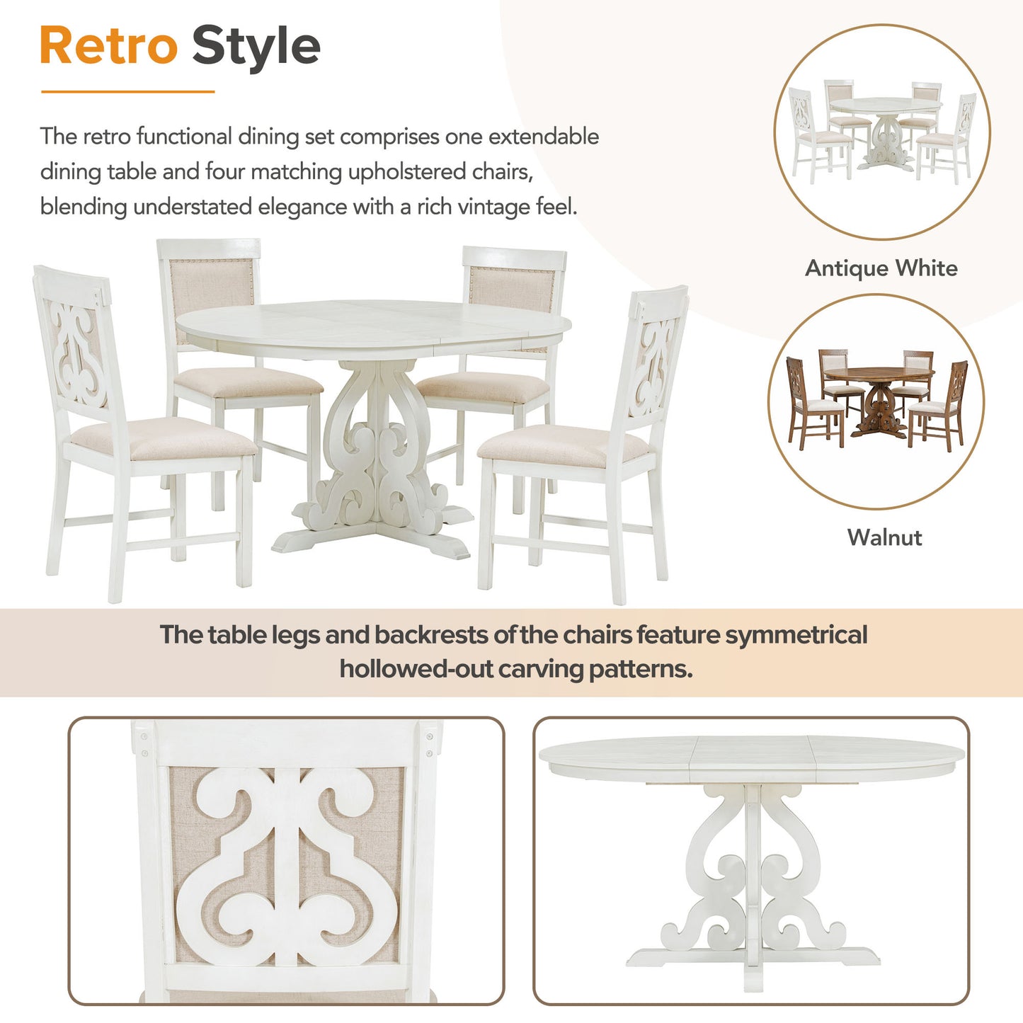 TREXM 5-Piece Retro Functional Dining Set, 1 Extendable Table with a 16-inch Leaf and 4 Upholstered Chairs for Dining Room and Kitchen (Antique White)