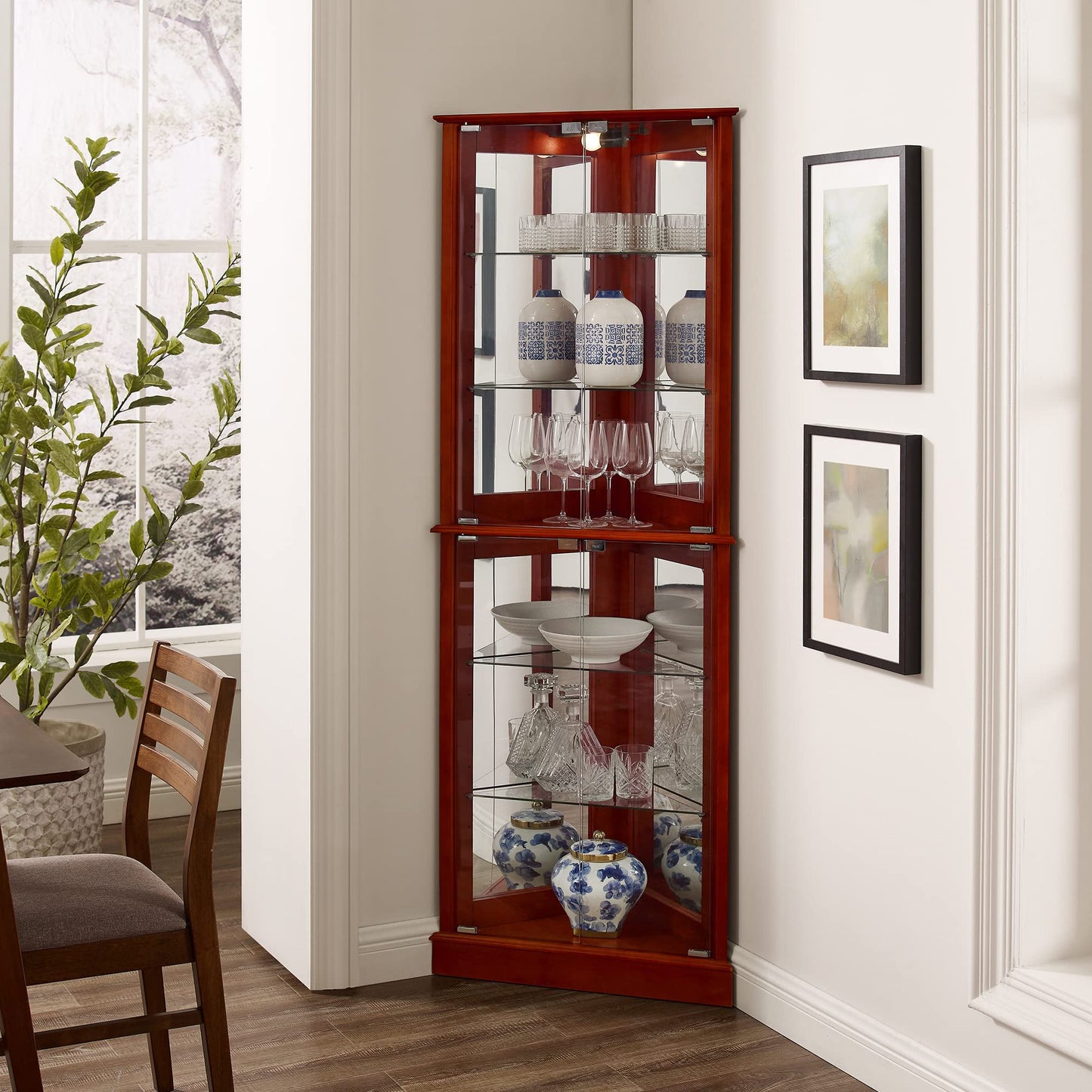 Corner Curio Dispaly Cabinet With Lights, Adjustable Tempered Glass Shelves, Mirrored Back (E26 Light Bulb Not Included)