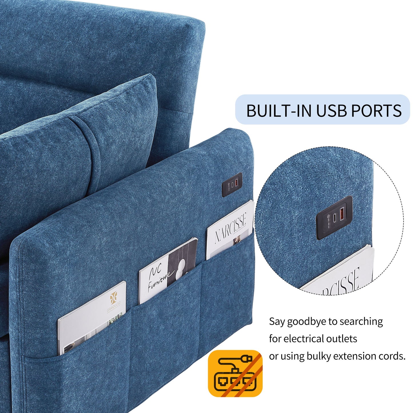 Pull Out Sleep Sofa Bed Loveseats Sofa Couch With Adjsutable Backrest, Storage Pockets, 2 Soft Pillows, USB Ports For Living Room