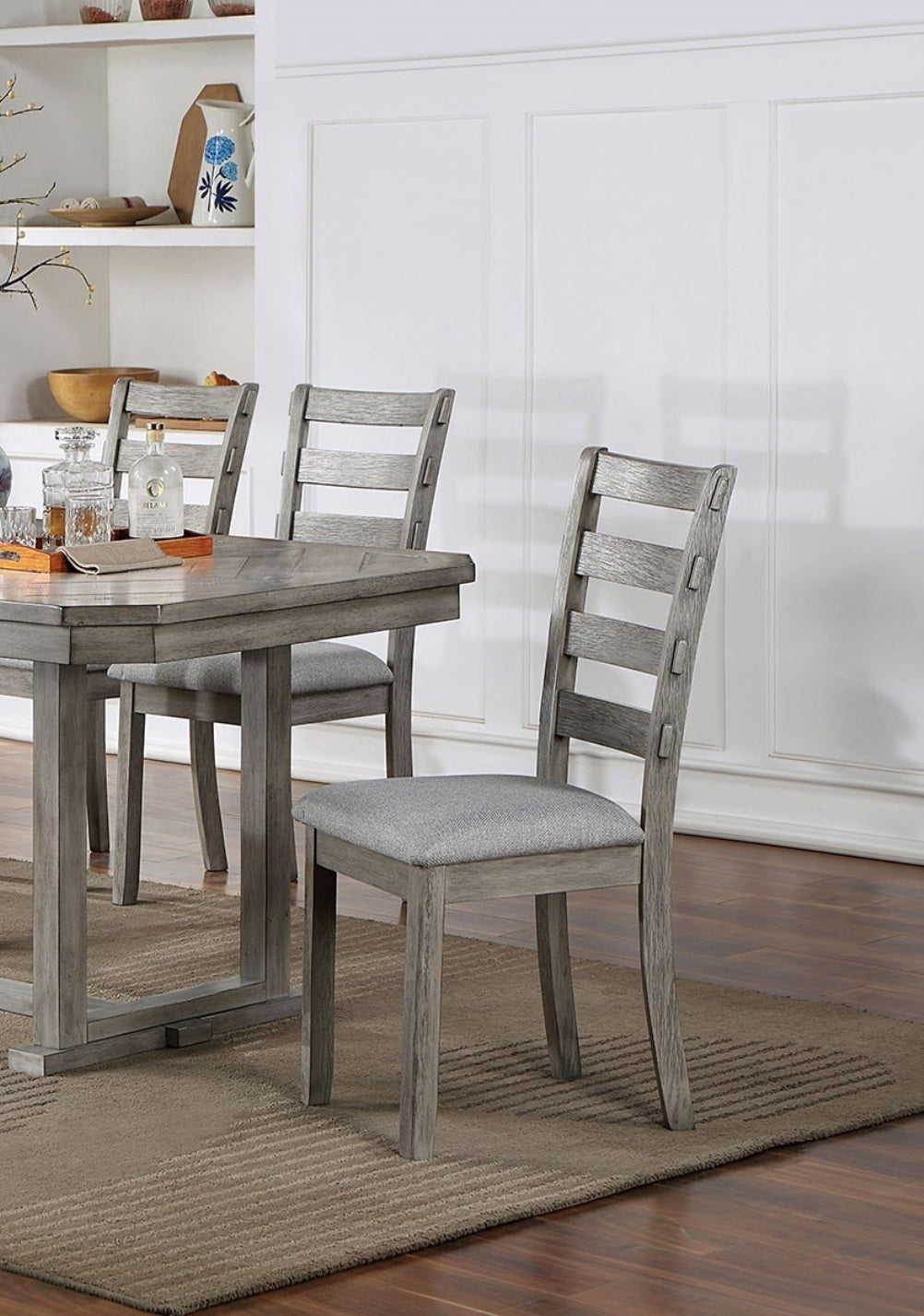 Dining Table 4x Side Chairs Bench 6pcs Dining Set Grey Finish Dining Room Furniture Fabric Seat Rustic Style