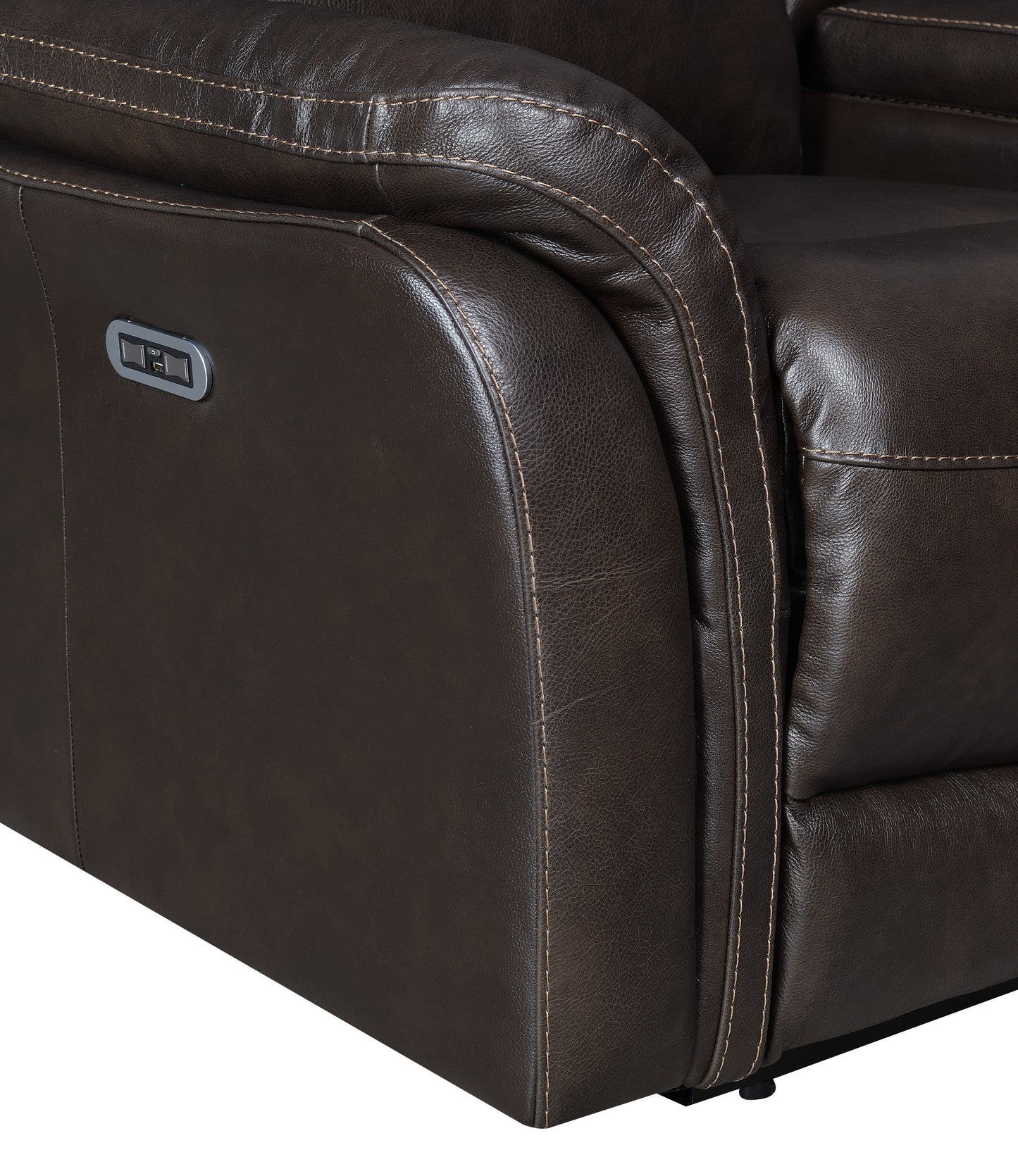 Top-Grain Leather Motion Sofa in Coffee - Contemporary Style, Reclining Footrests, USB Port