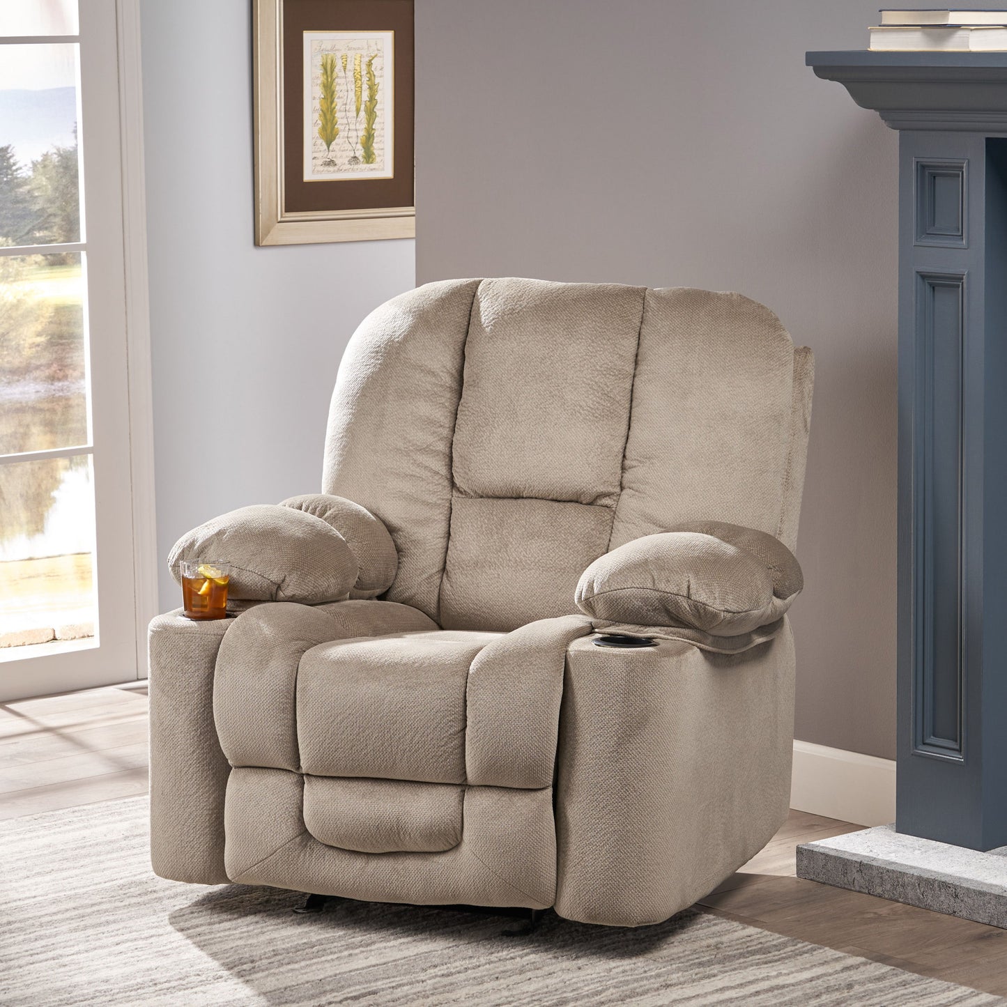 Luxurious Manual Recliner Chair With Skin-Friendly Fabric And Dual Cup Holders