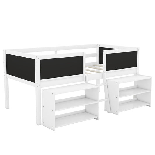 Low Loft Bed With Movable Shelves And Ladder, Decorative Chalkboard Guardrail