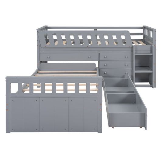 Loft Platform Bed With 7 Drawers And Full Guardrails, Modern L Shaped Space Savin