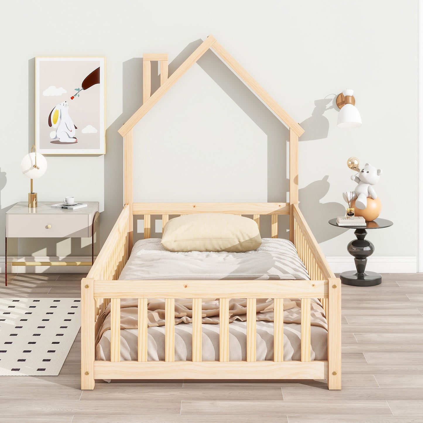 House-Shaped Headboard Floor Bed With Fence