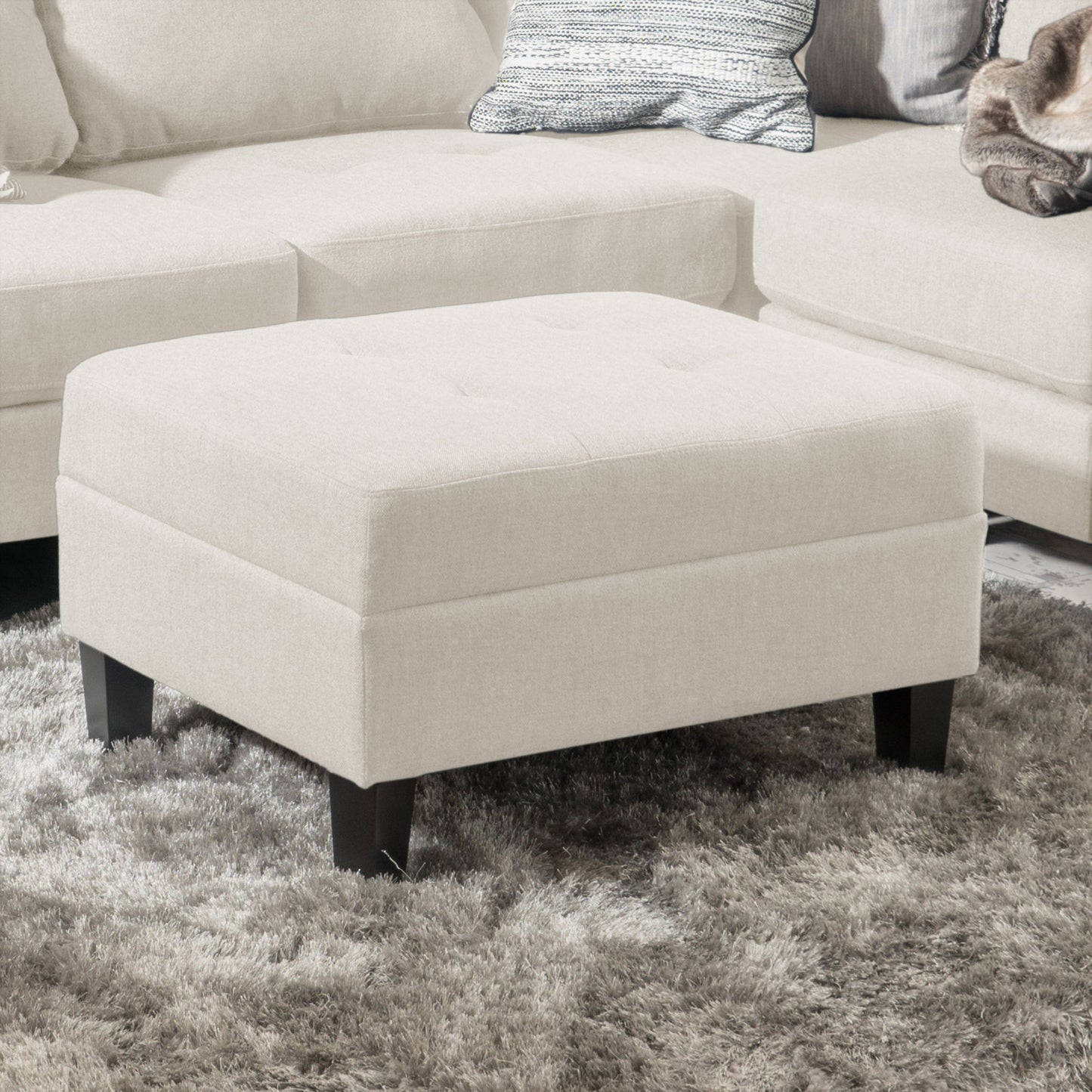 Ottoman With Birch Wood Legs And Cushioned Top For Comfort