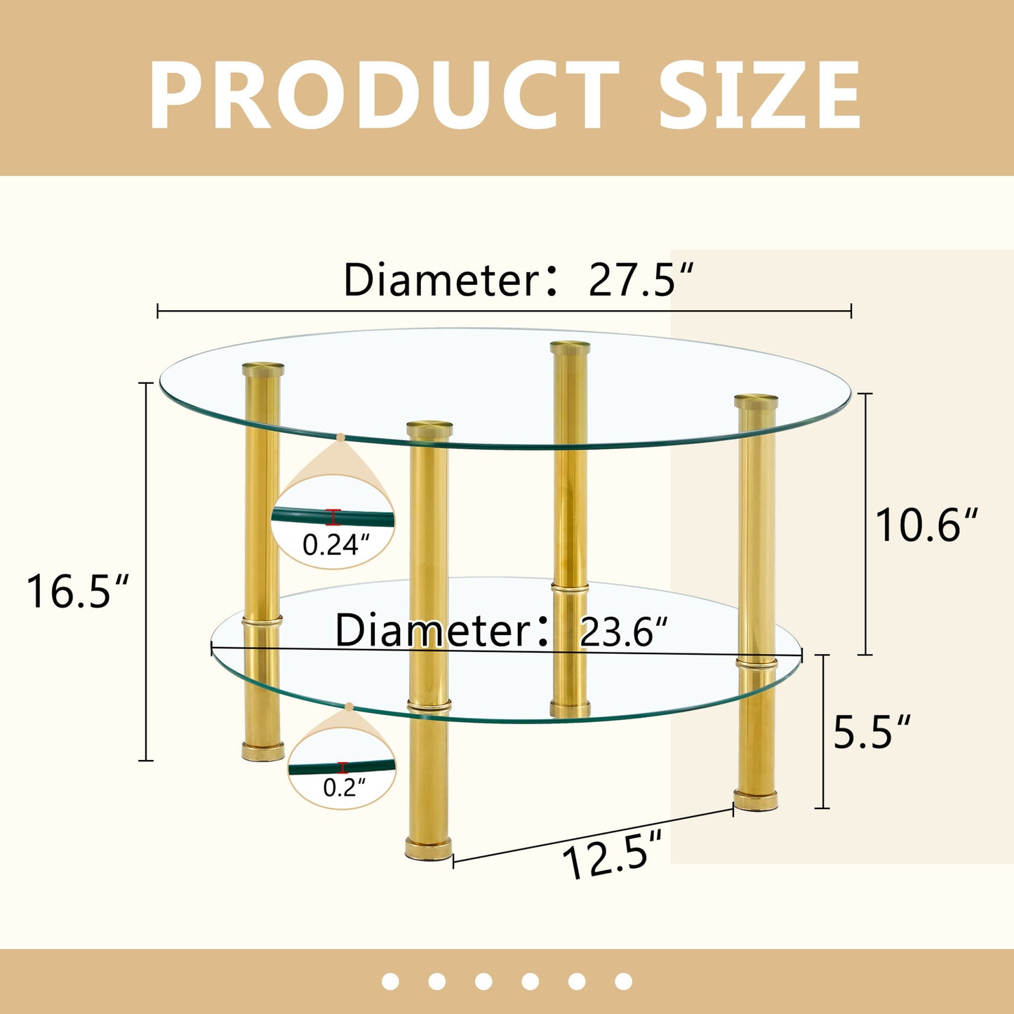 Contemporary Minimalist Double Layer Tempered Glass Coffee Table - Gold / Transparent