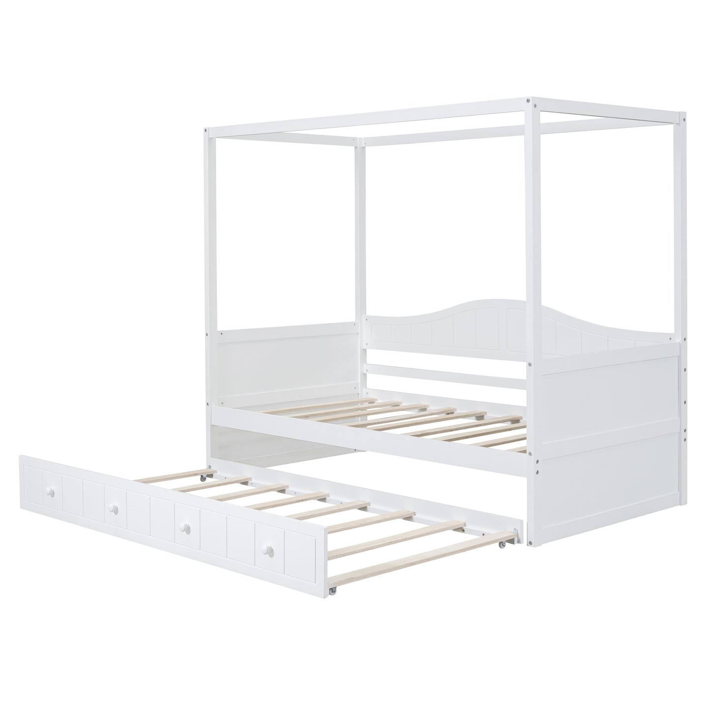 Twin Size Canopy Day Bed with twin size Trundle, White