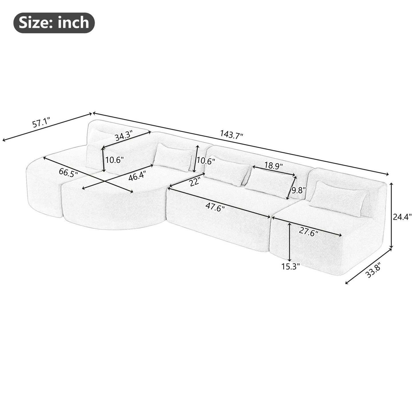 Upholstered Sofa Free Combined Sofa Couch With Two Chaise Lounge And Five Back Pillows For Living Room