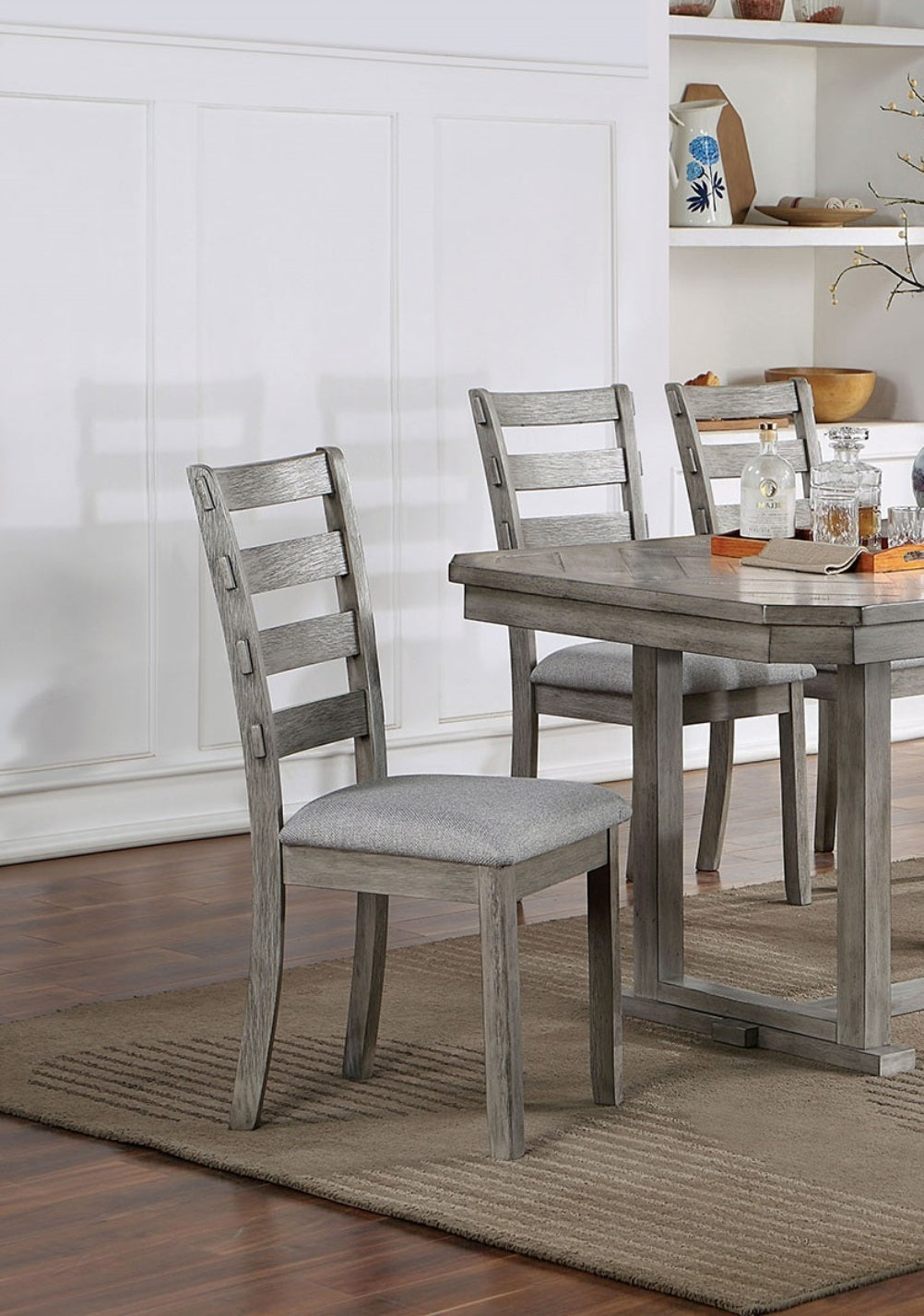 Dining Table 4x Side Chairs Bench 6pcs Dining Set Grey Finish Dining Room Furniture Fabric Seat Rustic Style