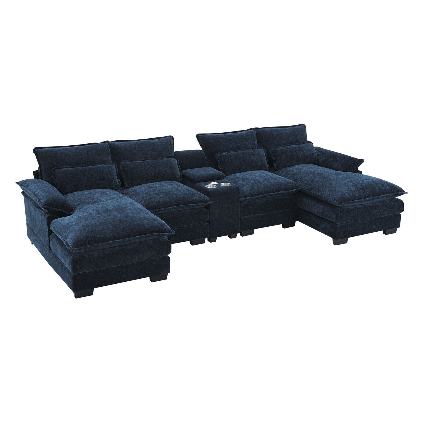 Modern U-Shaped Sofa With Console, Cupholders And USB Ports, 6 Seat Upholstered Symmetrical Indoor Furniture, Sleeper Couch Set With Chaise For Living Room