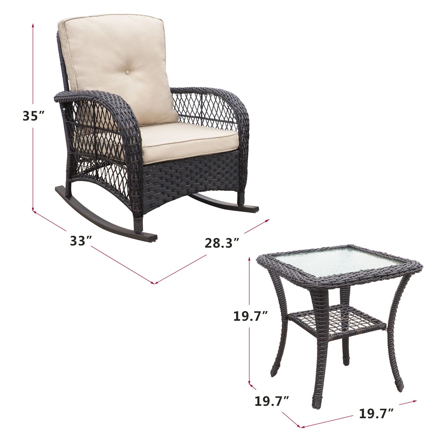 3 Pieces Conversation Set, Outdoor Wicker Rocker Patio Bistro Set, Rocking Chair With Glass Top Side Table - Brown / Beige