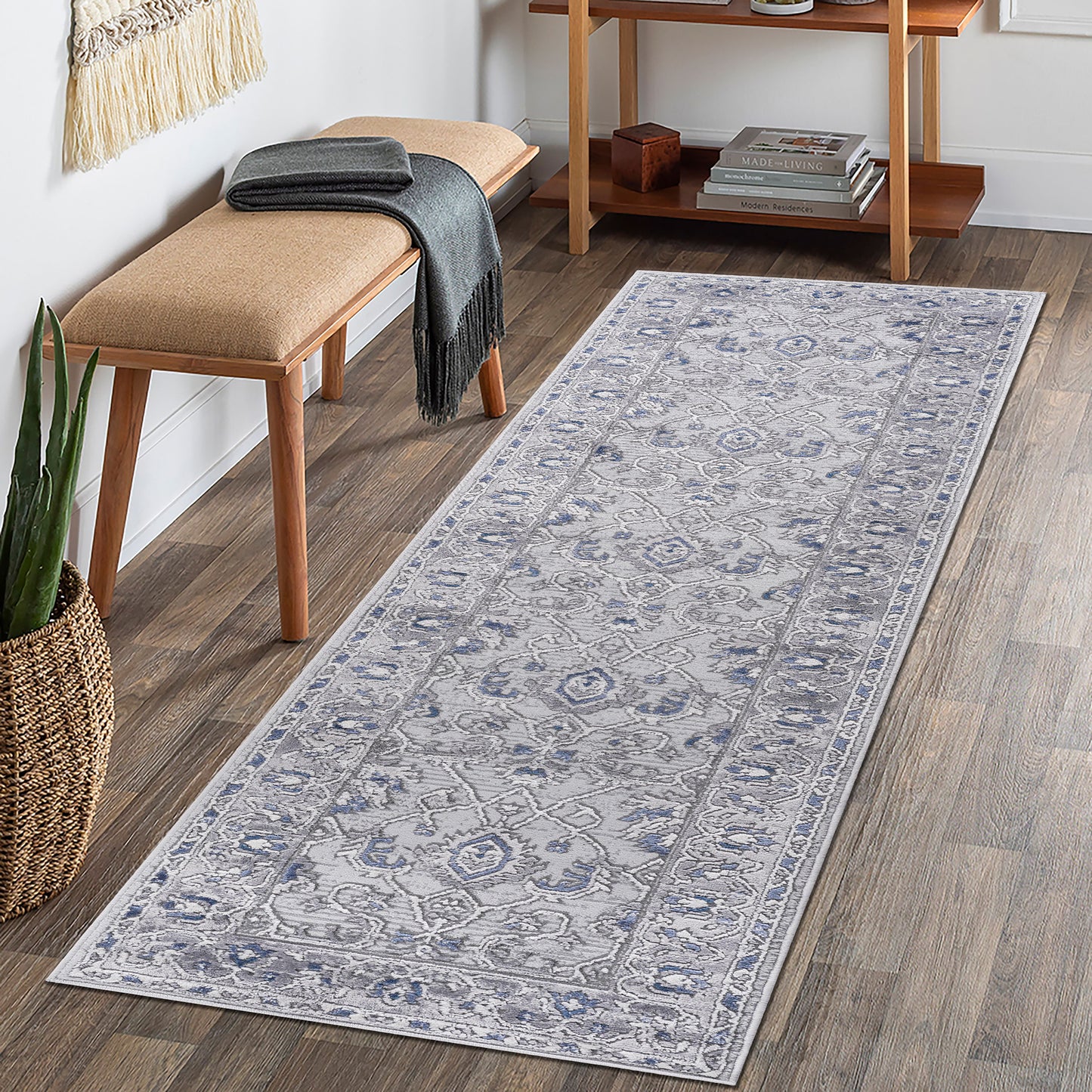 Marfi - 2' x 8' Oriental Non-Shedding Stylish And Stain Resistant Area Rug - Gray / Blue