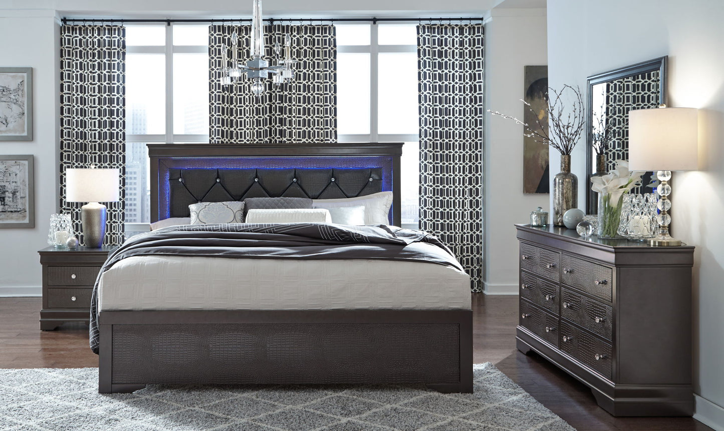 Pompei - King Bed Headboard With LED And Footboard - Metallic Gray