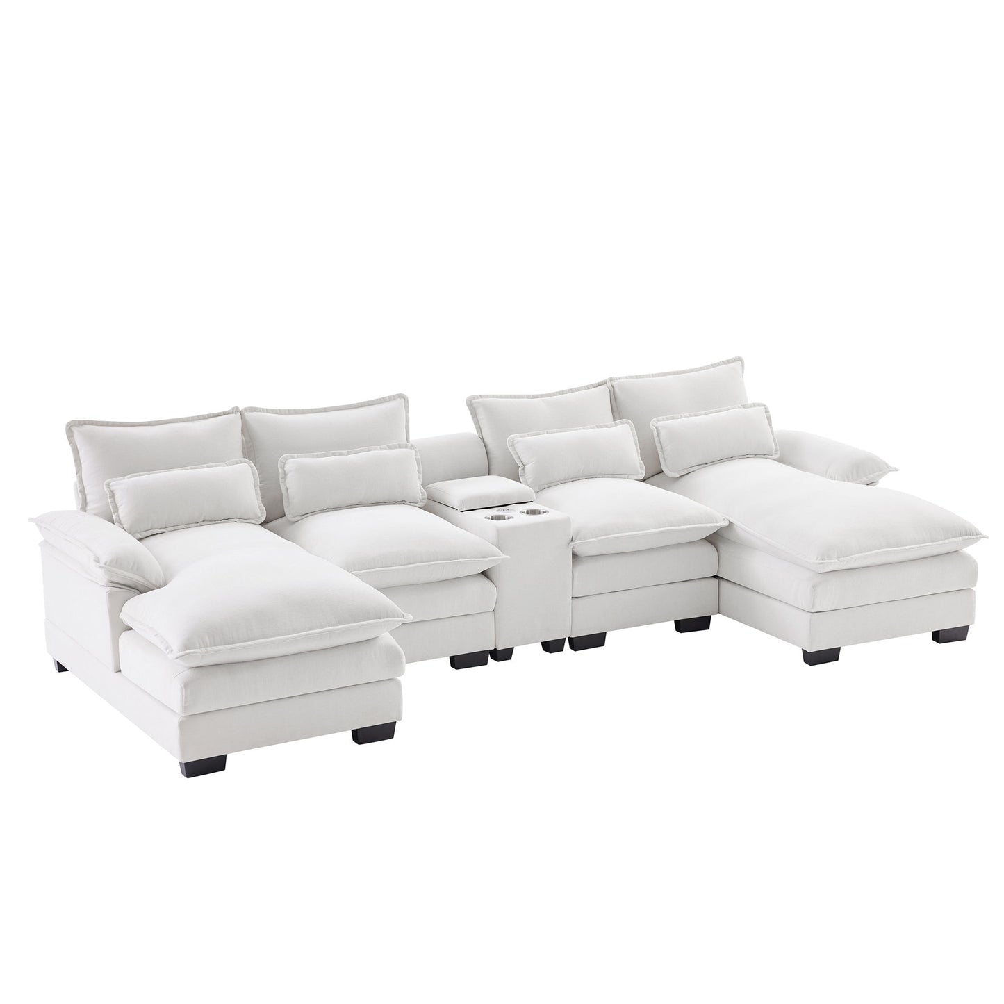 Modern U-Shaped Sofa With Console, Cupholders And USB Ports, 6 Seat Upholstered Symmetrical Indoor Furniture, Sleeper Couch Set With Chaise For Living Room