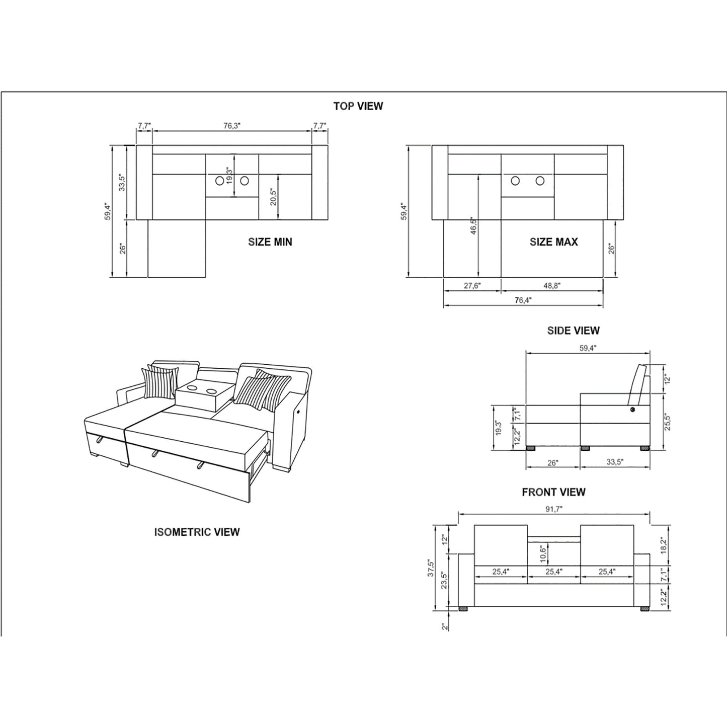 Ford - Reversible Pull Out Sofa Bed - Light Gray
