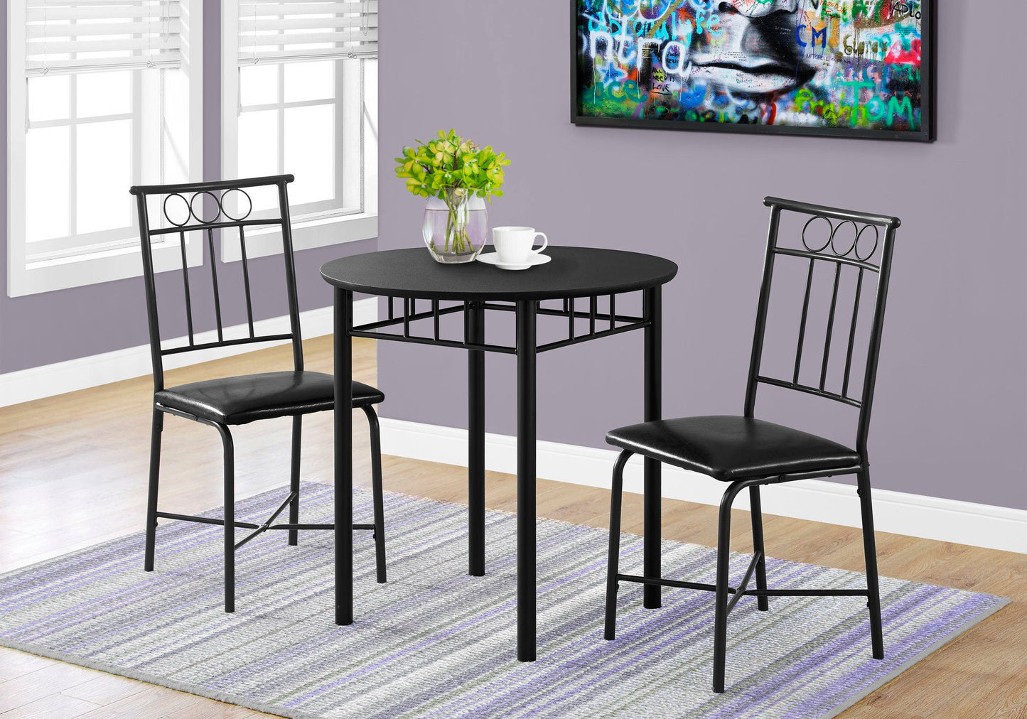 3 Pieces Dining Table Set, Small, Round, Contemporary & Modern - Black