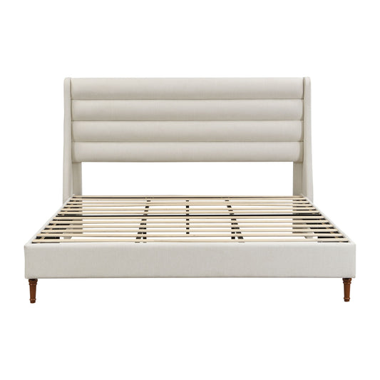 Modern Upholstered Platform Bed With Wave Shaped Headboard