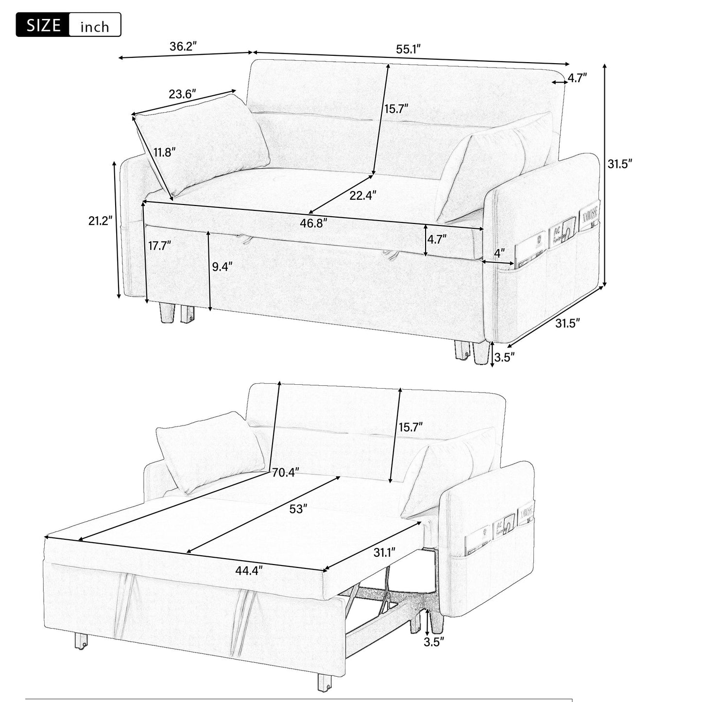 Pull Out Sleep Sofa Bed Loveseats Sofa Couch With Adjsutable Backrest, Storage Pockets, 2 Soft Pillows, USB Ports For Living Room, Bedroom, Apartment, Office