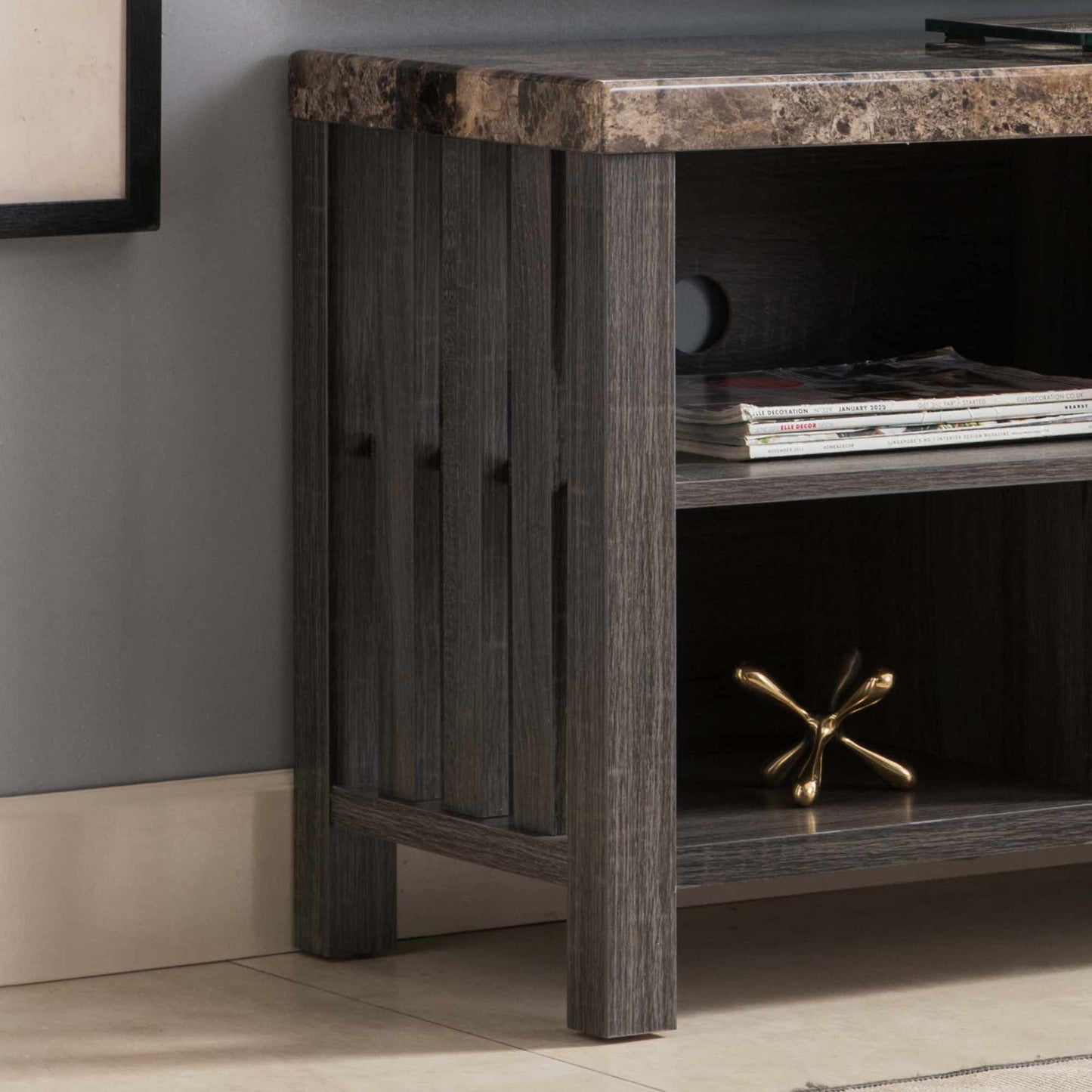 TV Stand With Faux Marble Top With Five Shelves And One Bottom Drawer - Distressed Gray